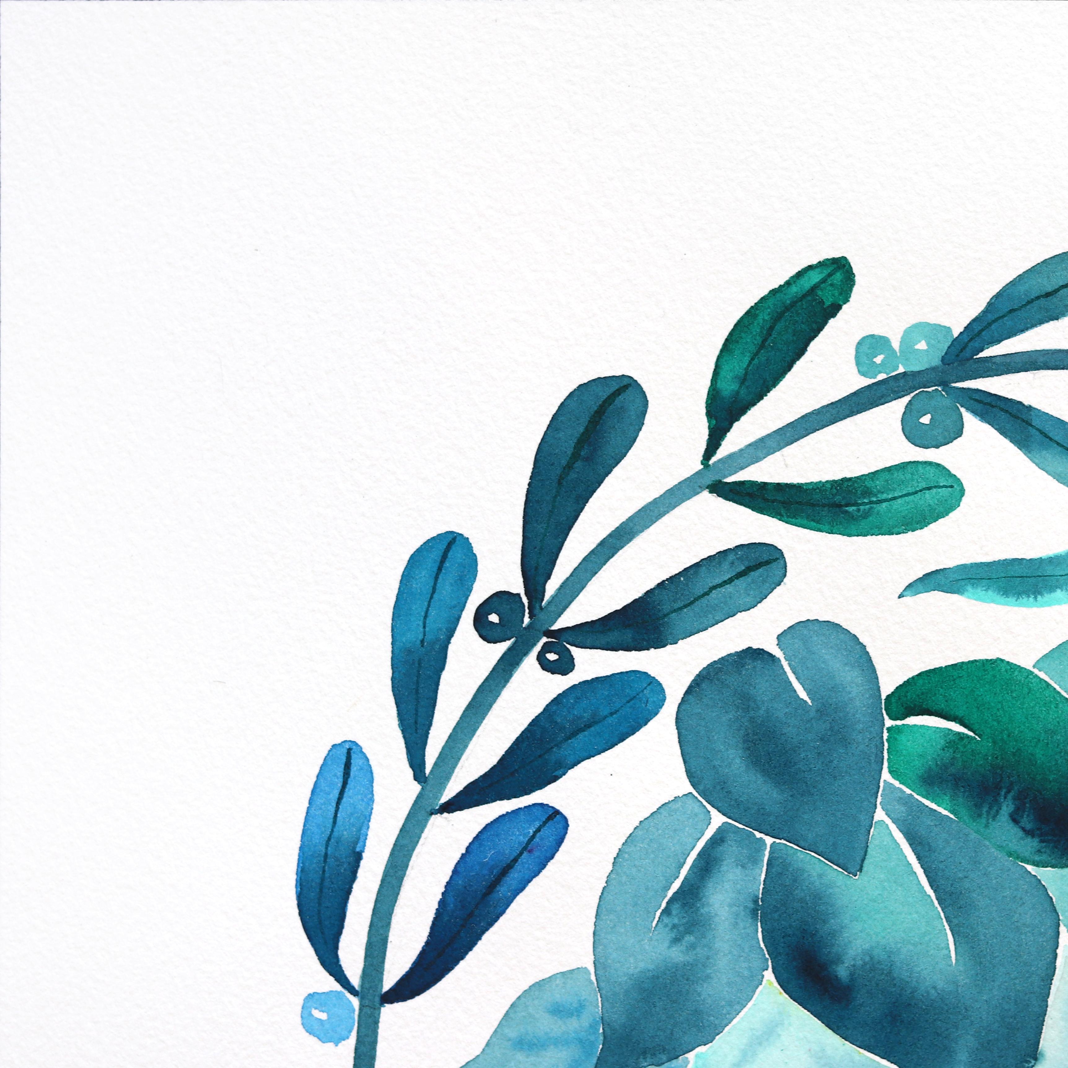 Poinsettia - Pintura Floral Abstracta Azul Naranja sobre Papel en venta 1
