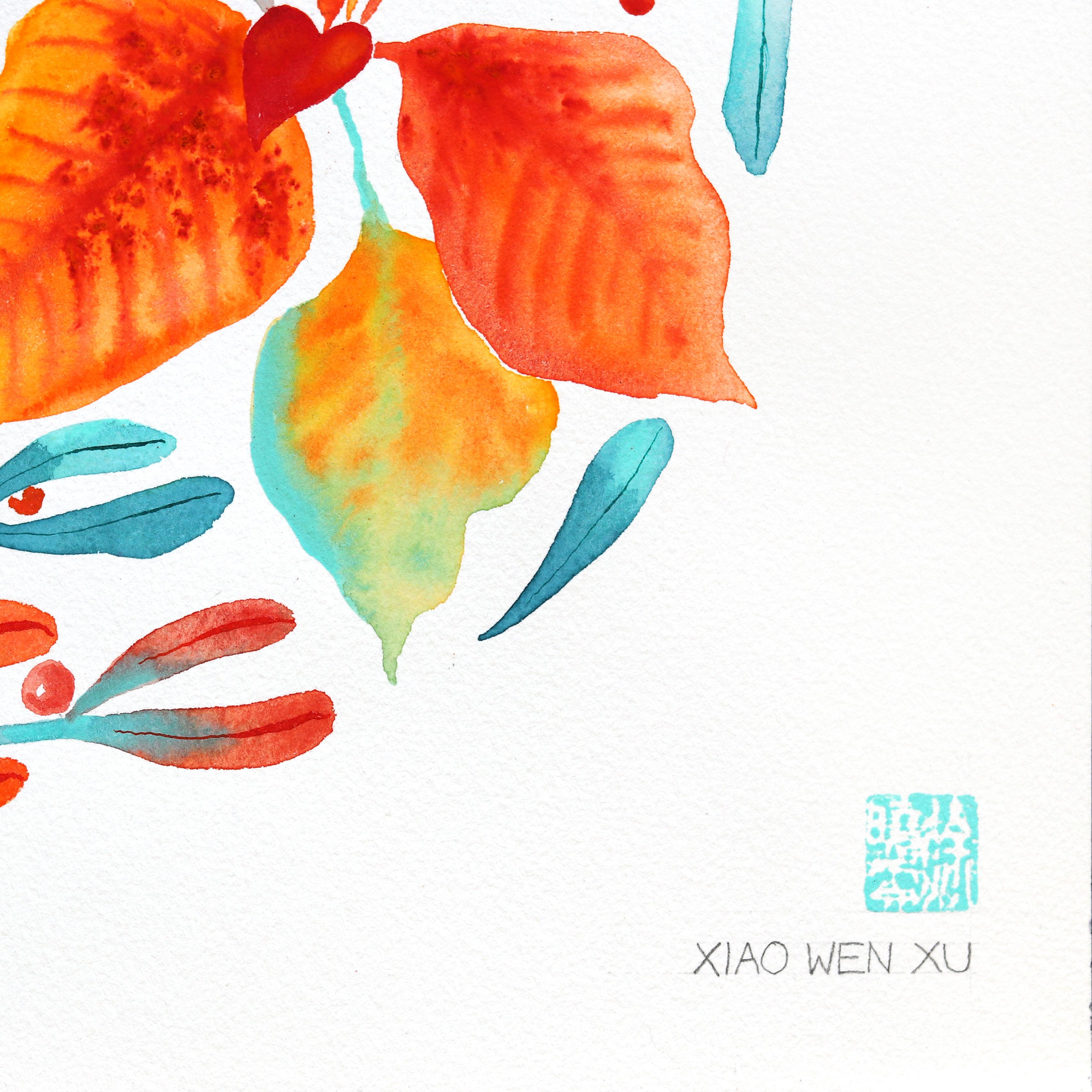 Poinsettia - Pintura Floral Abstracta Azul Naranja sobre Papel en venta 2