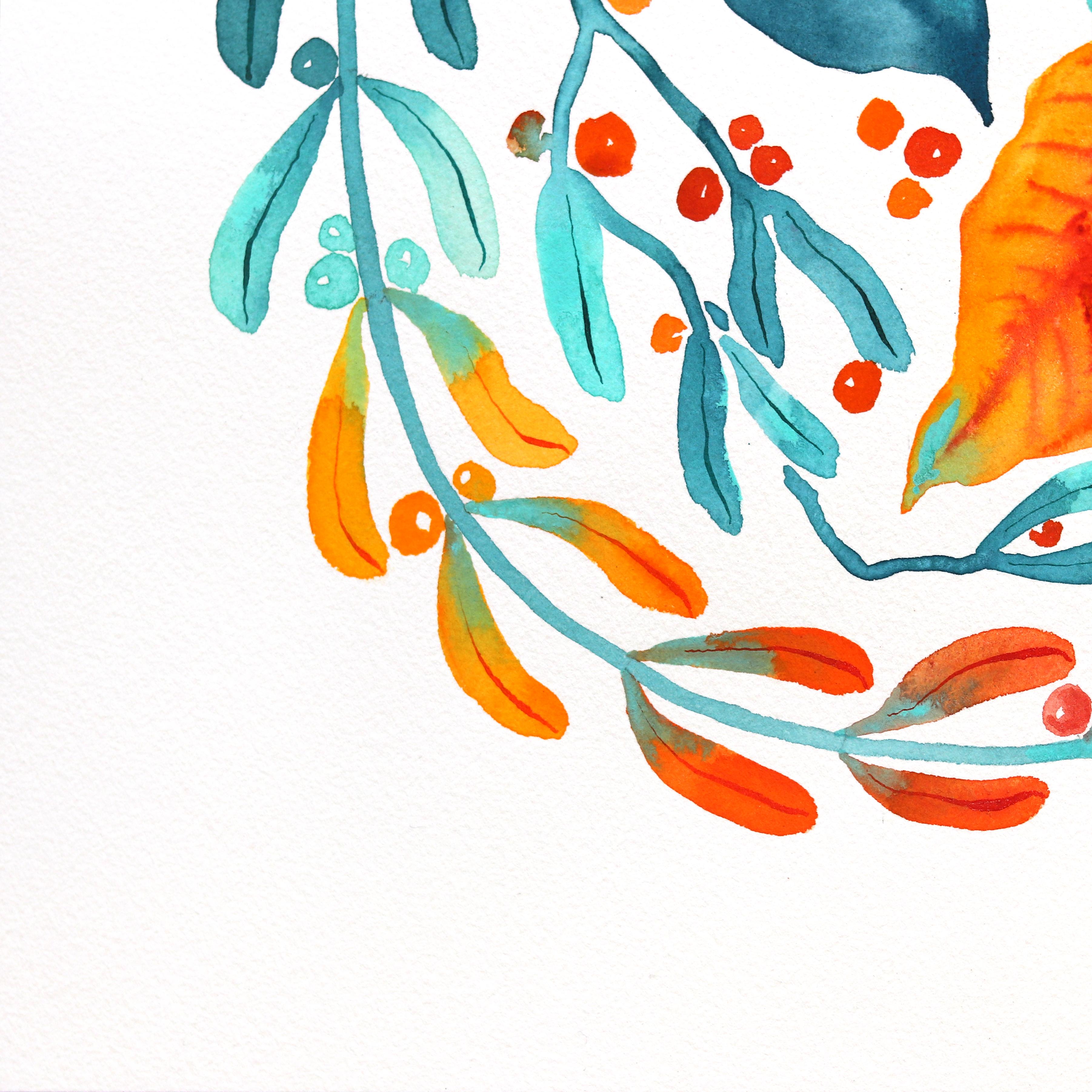 Poinsettia - Pintura Floral Abstracta Azul Naranja sobre Papel - Mixed Media Art Contemporáneo de Xiao Wen Xu