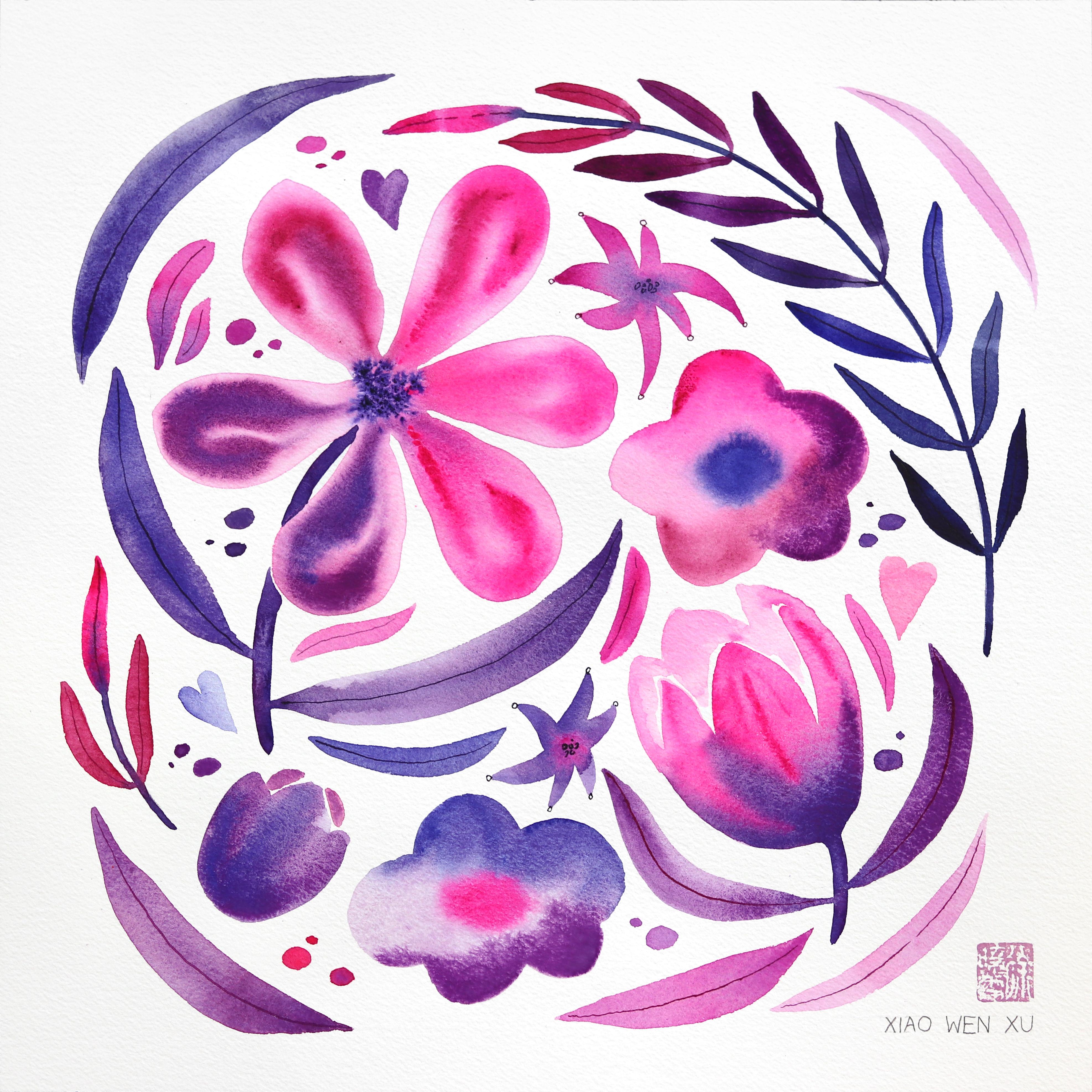Xiao Wen Xu Still-Life - Tulips - Vibrant Purple Pink Floral Painting on Paper