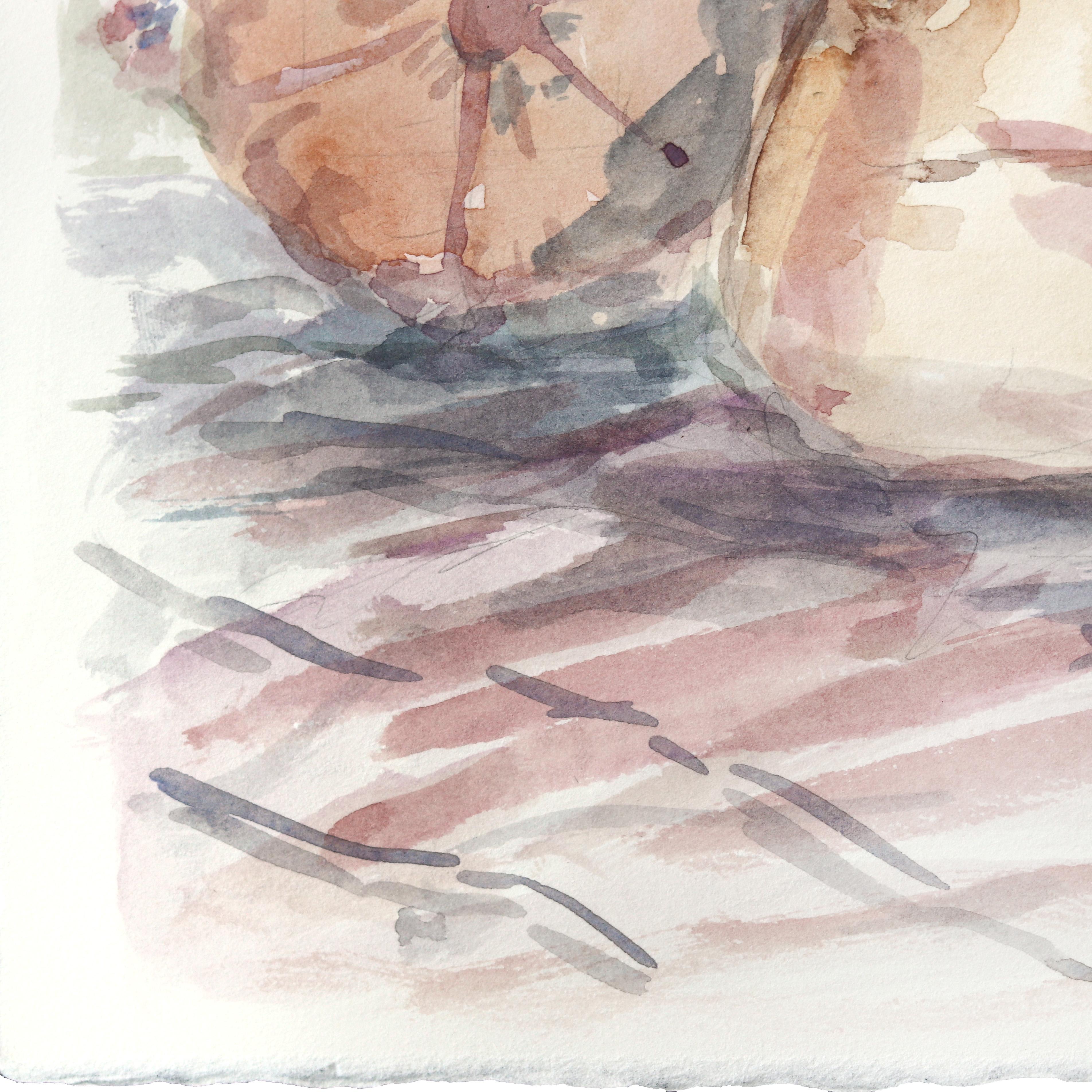 Lounging III – Figuratives Aquarell-Aktporträtgemälde auf Papier (Beige), Portrait, von Ama Liyanage