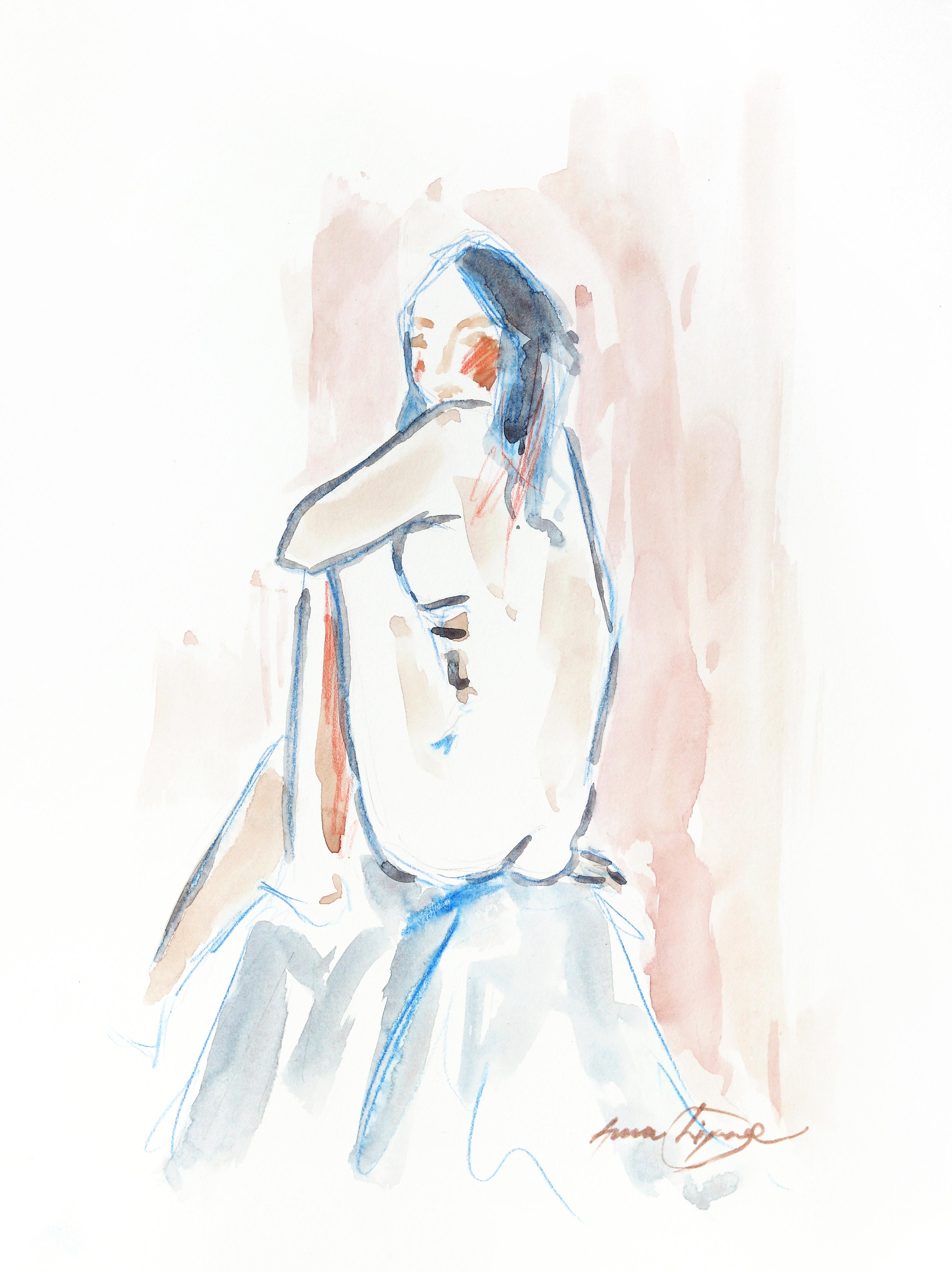 Figurative Art Ama Liyanage - Figure III - Peinture abstraite d'un portrait de nu sur papier