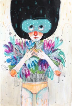 « Wild Flowers Hold Me Tight », œuvre d'art figurative fantaisiste sur papier