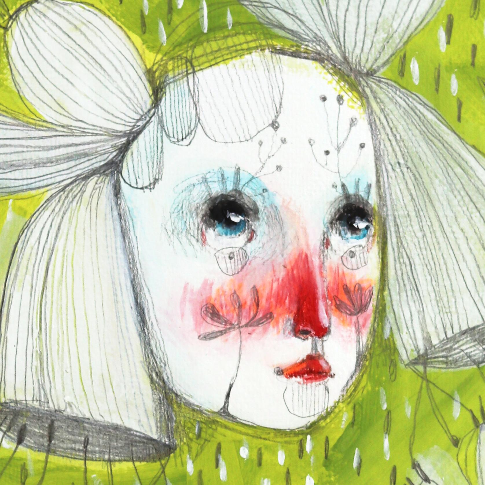 In The Sound of a Bell - Fantasy Figurative Nature-Inspired Artwork on Paper - Green Figurative Art by Silvia Pavarini