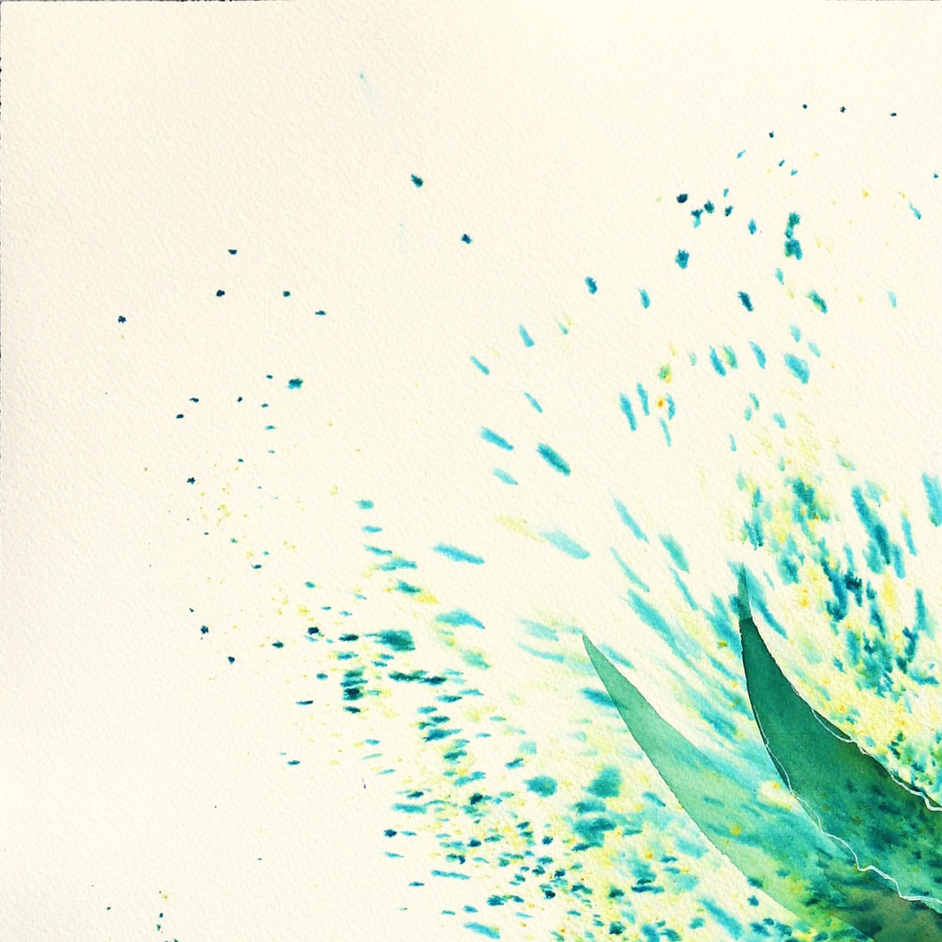 Aloe Vera - Abstract Green Blue Contemporary Botanical Artwork on Paper - White Still-Life by Xiao Wen Xu