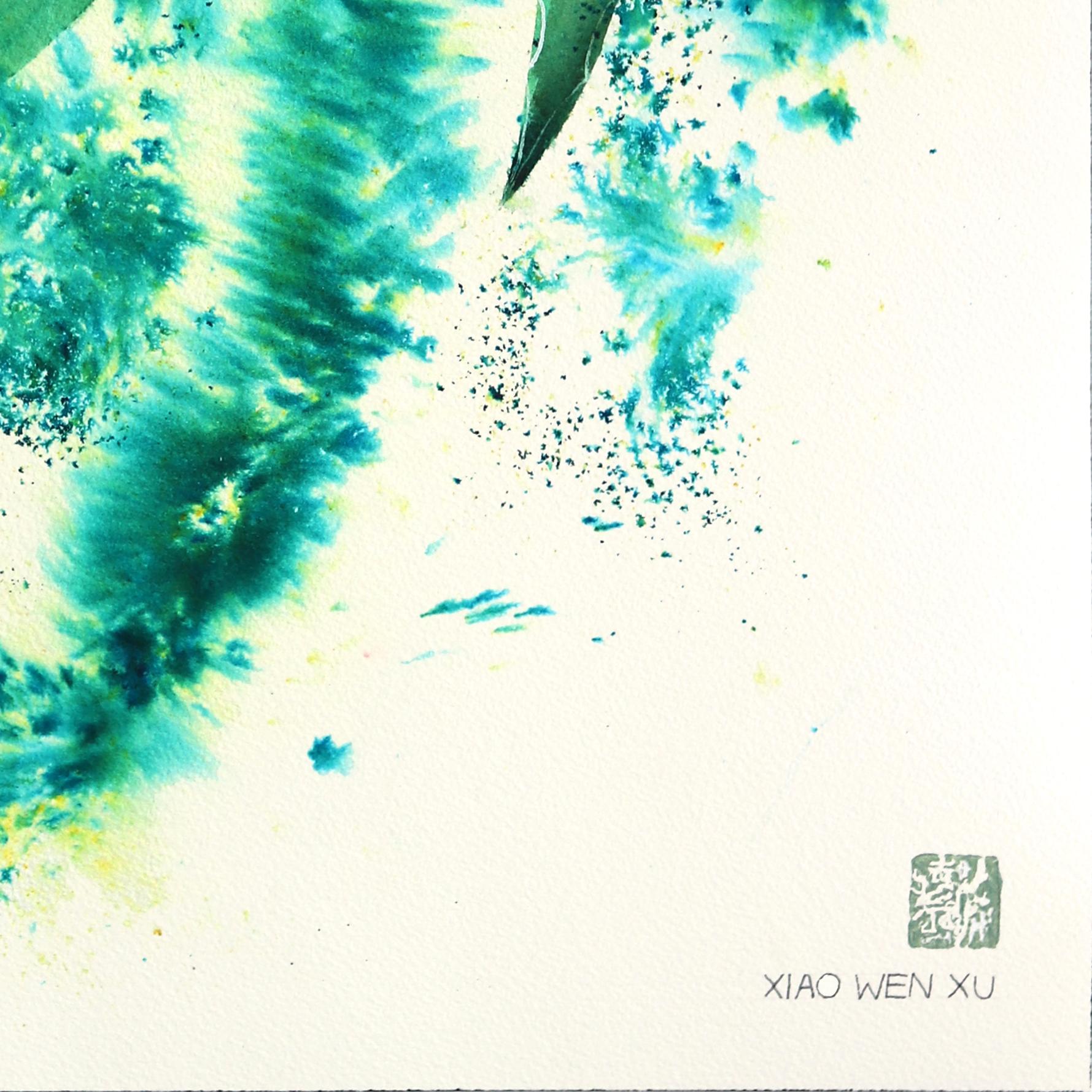 Aloe Vera - Abstract Green Blue Contemporary Botanical Artwork on Paper For Sale 4