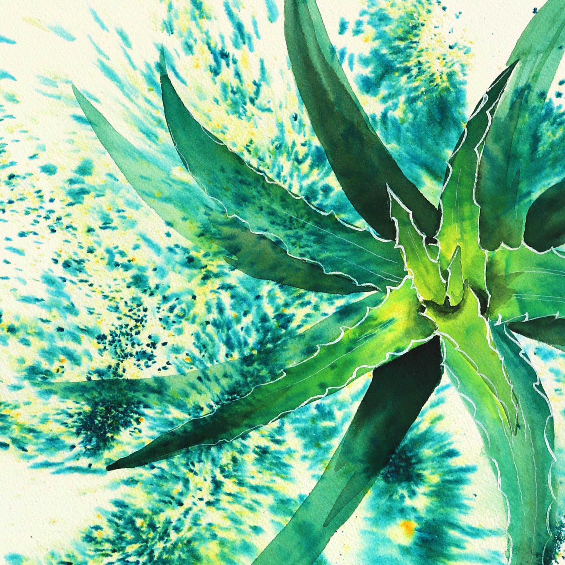 Aloe Vera - Abstract Green Blue Contemporary Botanical Artwork on Paper For Sale 2