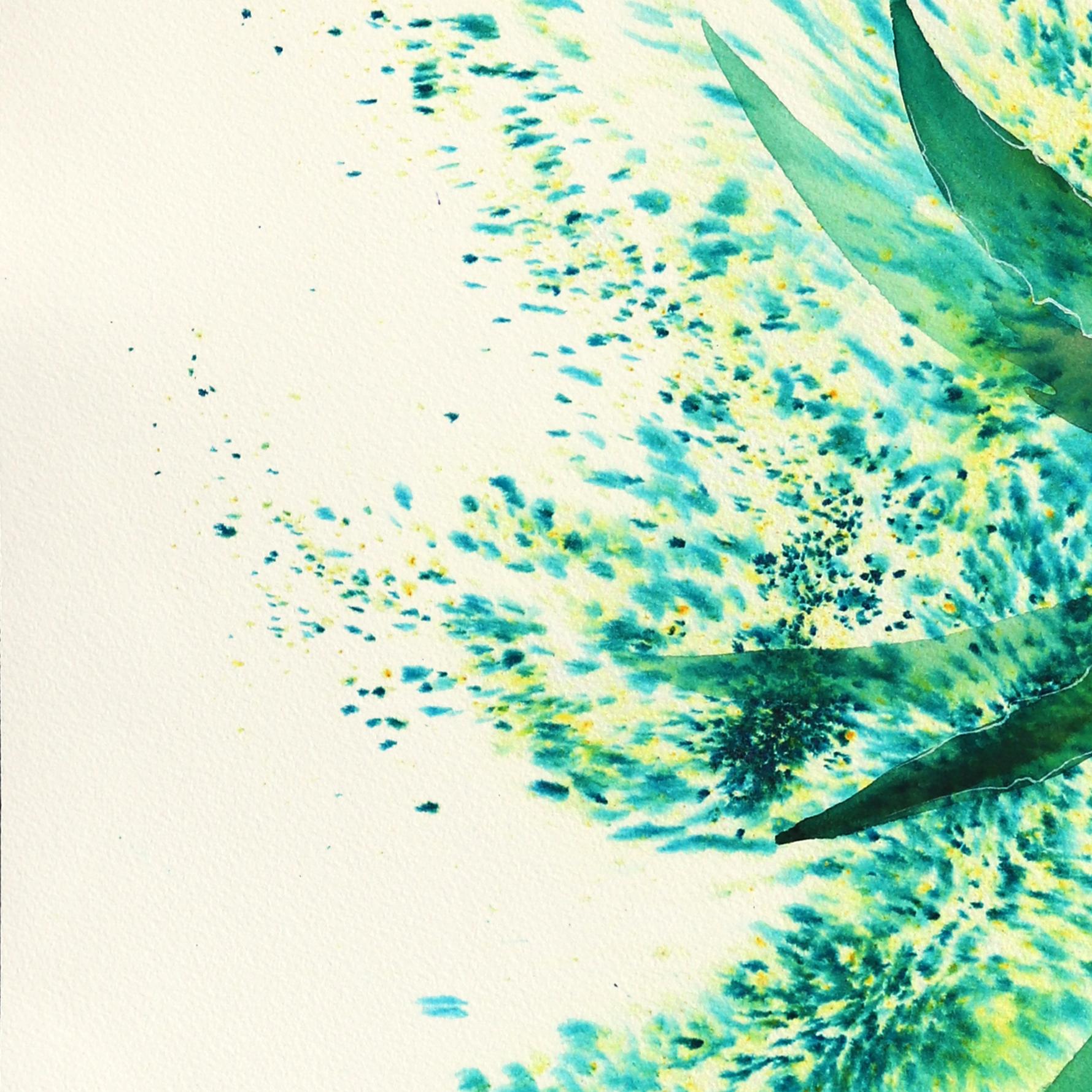 Aloe Vera - Abstract Green Blue Contemporary Botanical Artwork on Paper For Sale 3