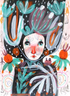 Hypnotic Nature - Phantasie Feminine Botanical Figurative Kunstwerk auf Papier