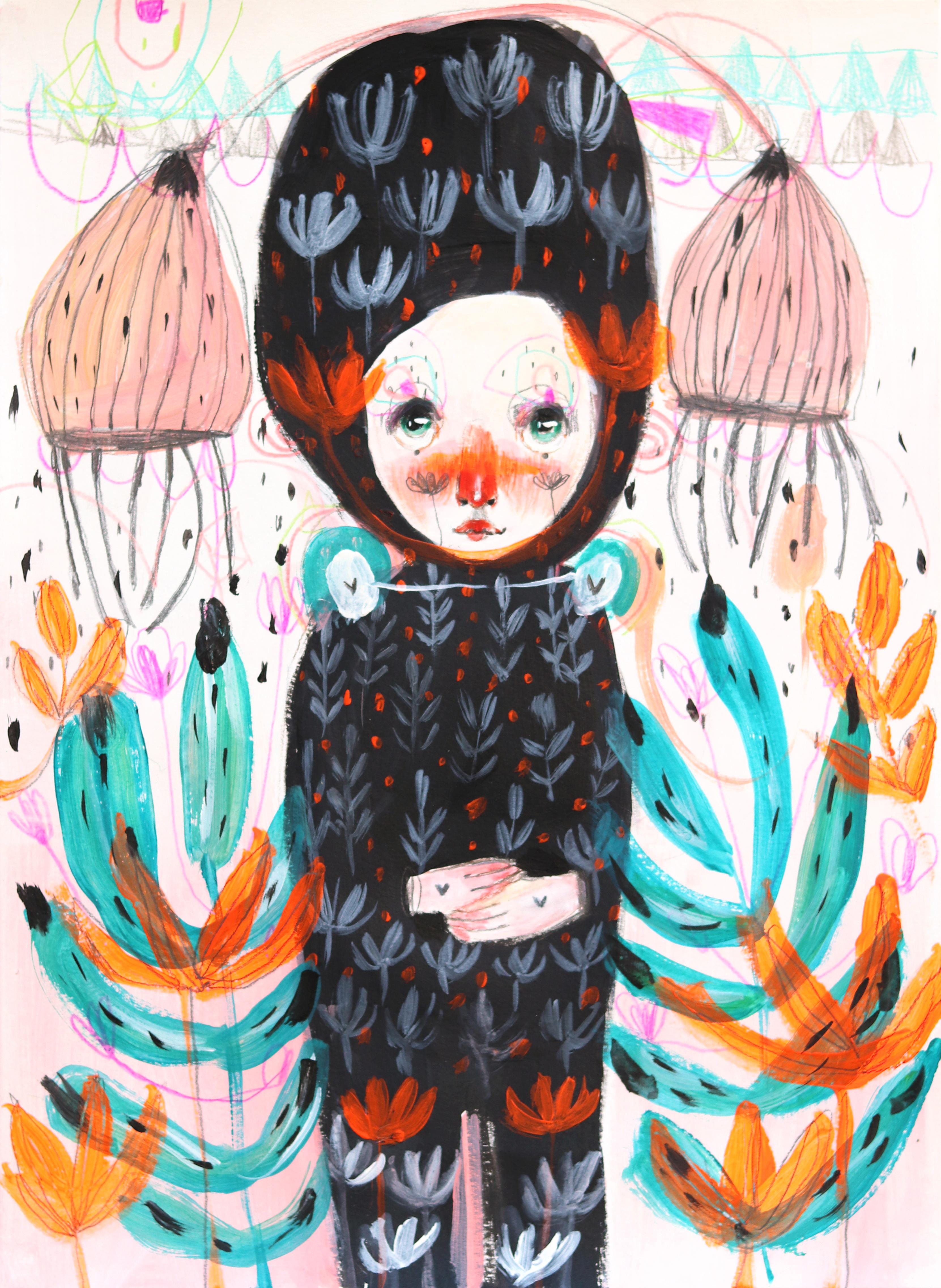 Little Spark - Fantasia vibrante, opera d'arte figurativa botanica femminile su carta