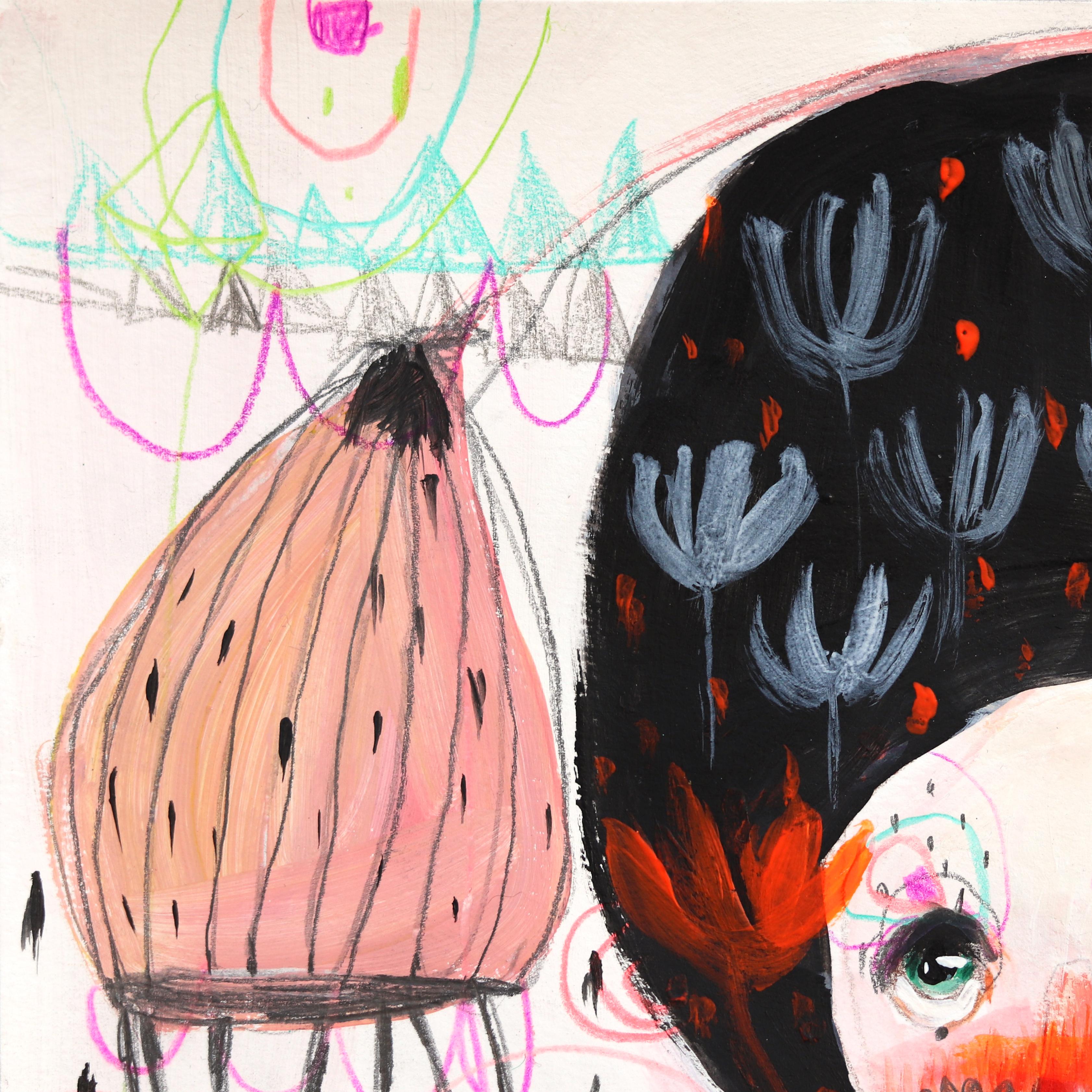 Little Spark- Vibrant Fantasy Feminine Botanical Figurative Artwork on Paper For Sale 1