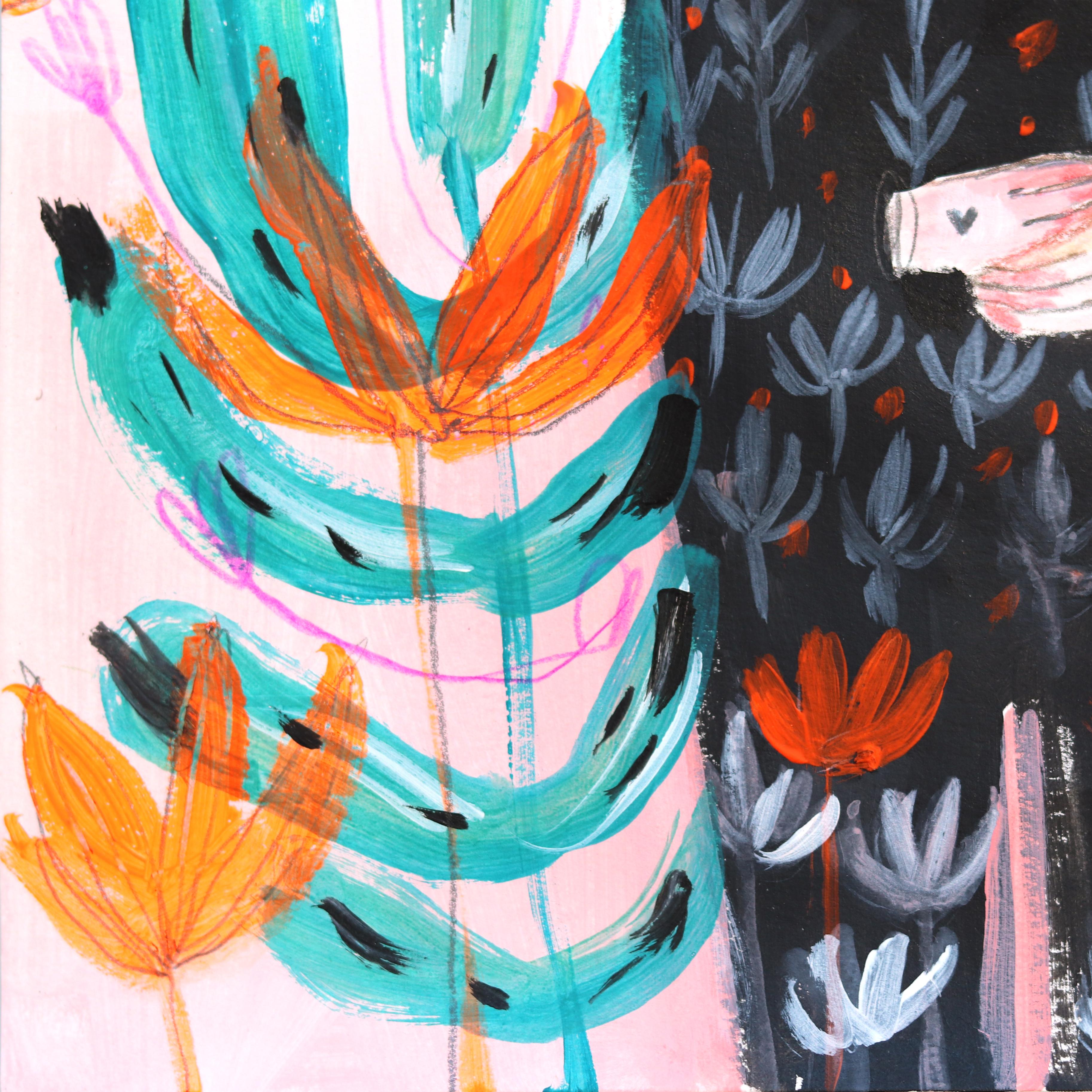 Little Spark- Vibrant Fantasy Feminine Botanical Figurative Artwork on Paper For Sale 3