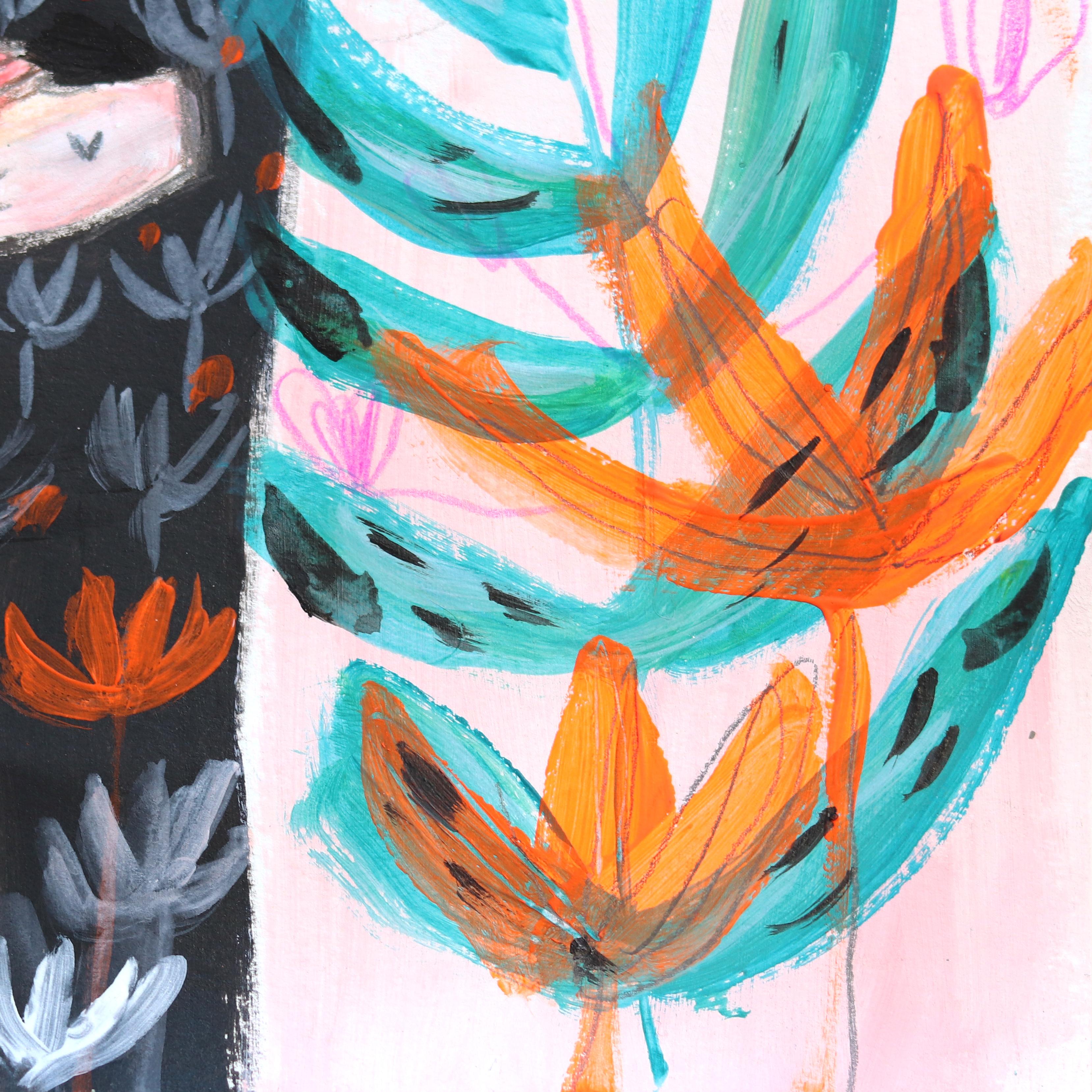 Little Spark- Vibrant Fantasy Feminine Botanical Figurative Artwork on Paper For Sale 4