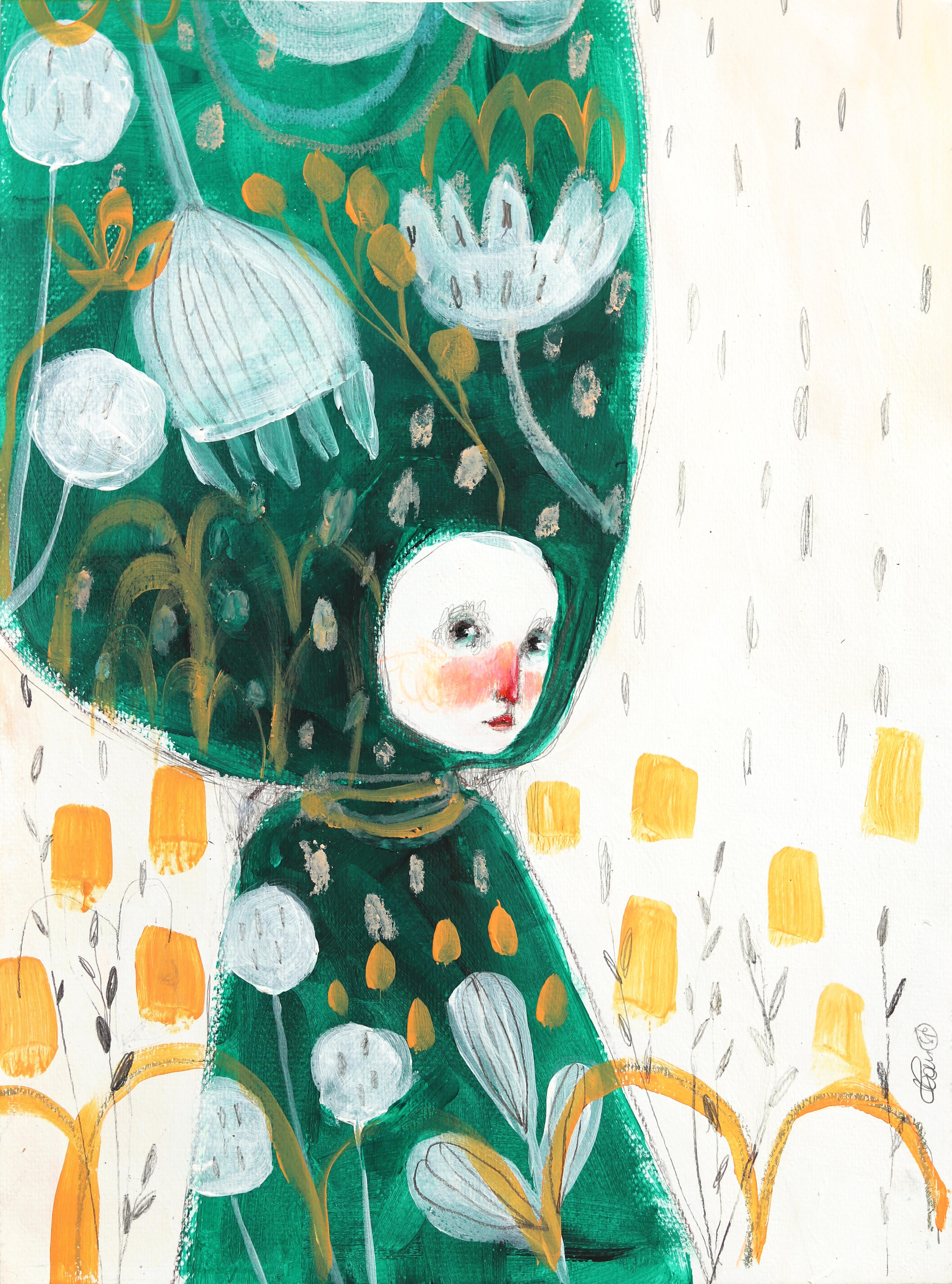 Little Flower Bug - Fantastica opera d'arte figurativa botanica su carta - Painting di Silvia Pavarini