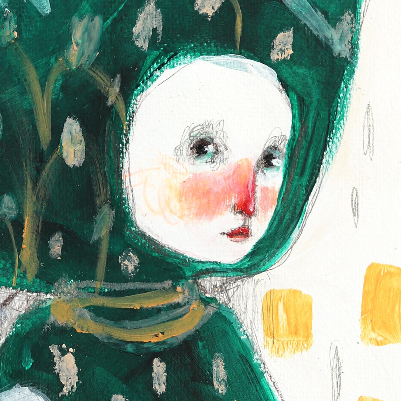 Little Flower Bug - Fantastica opera d'arte figurativa botanica su carta - Figurative Painting Grigio di Silvia Pavarini