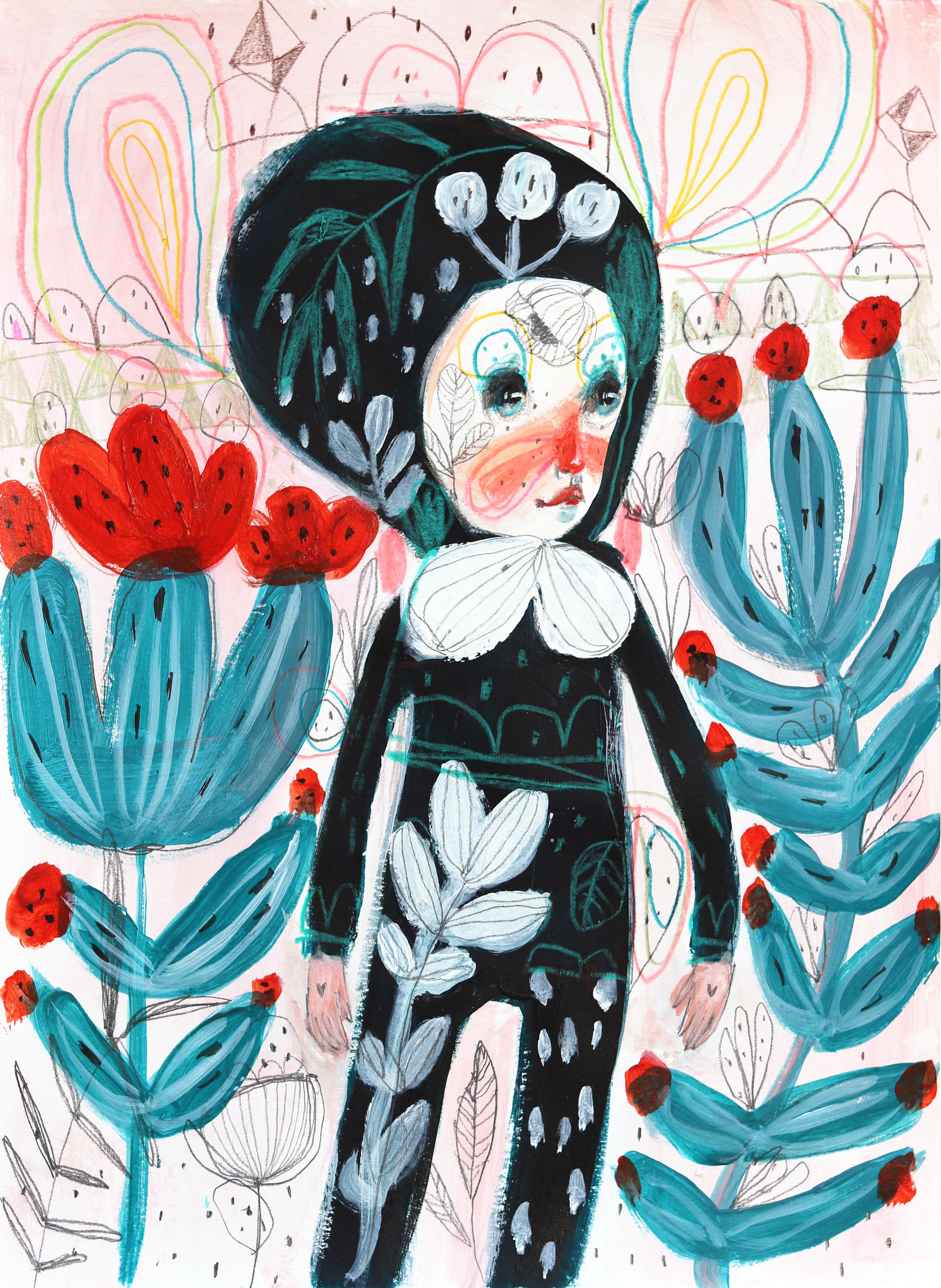 Fiori blu e fili colorati - Fantastica opera d'arte figurativa su carta
