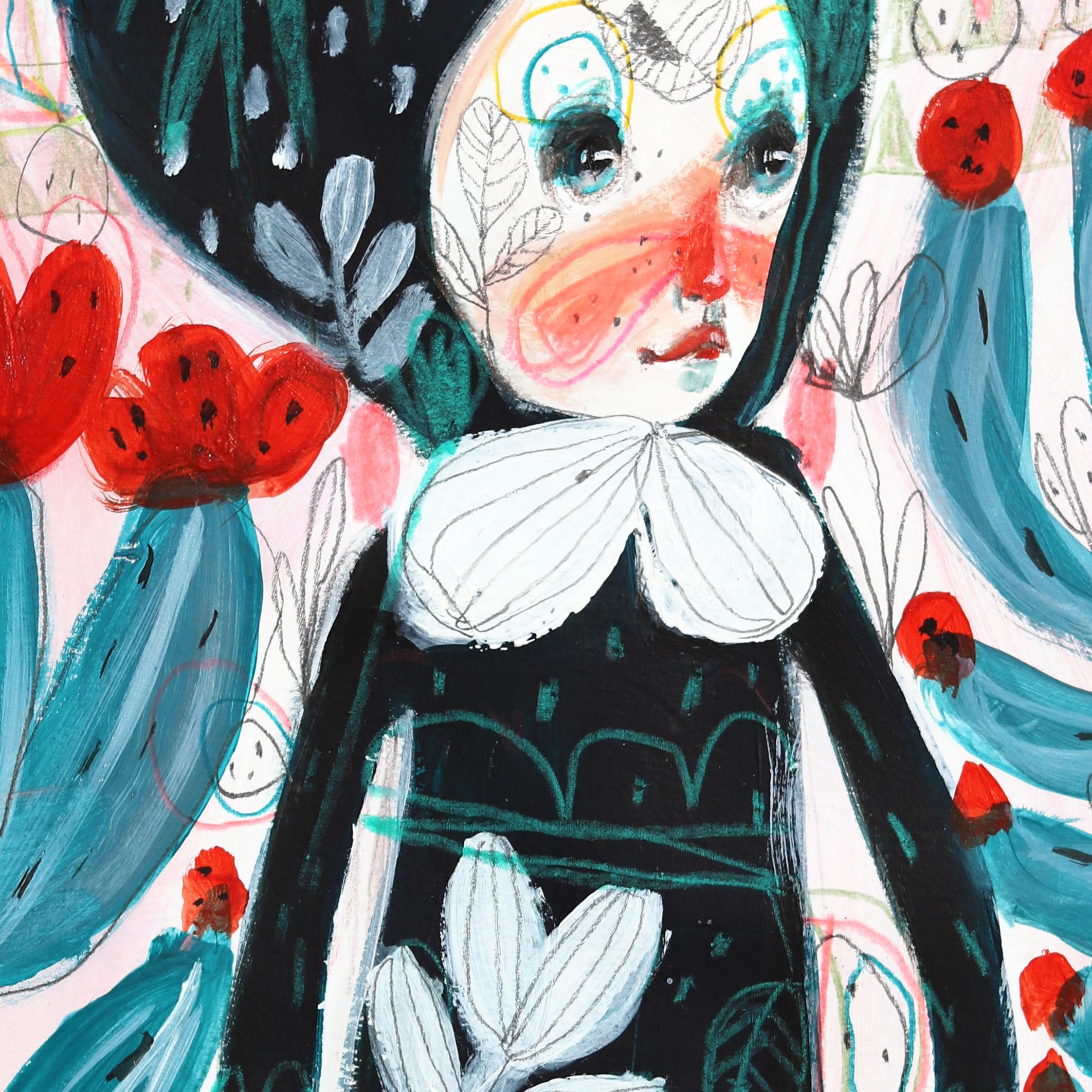 Blue Flowers and Colored Threads - Whimsical Fantasy Figurative Artwork on Paper - Painting by Silvia Pavarini