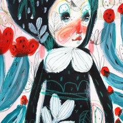 Blue Flowers and Colored Threads - Whimsical Fantasy Figurative Artwork on Paper