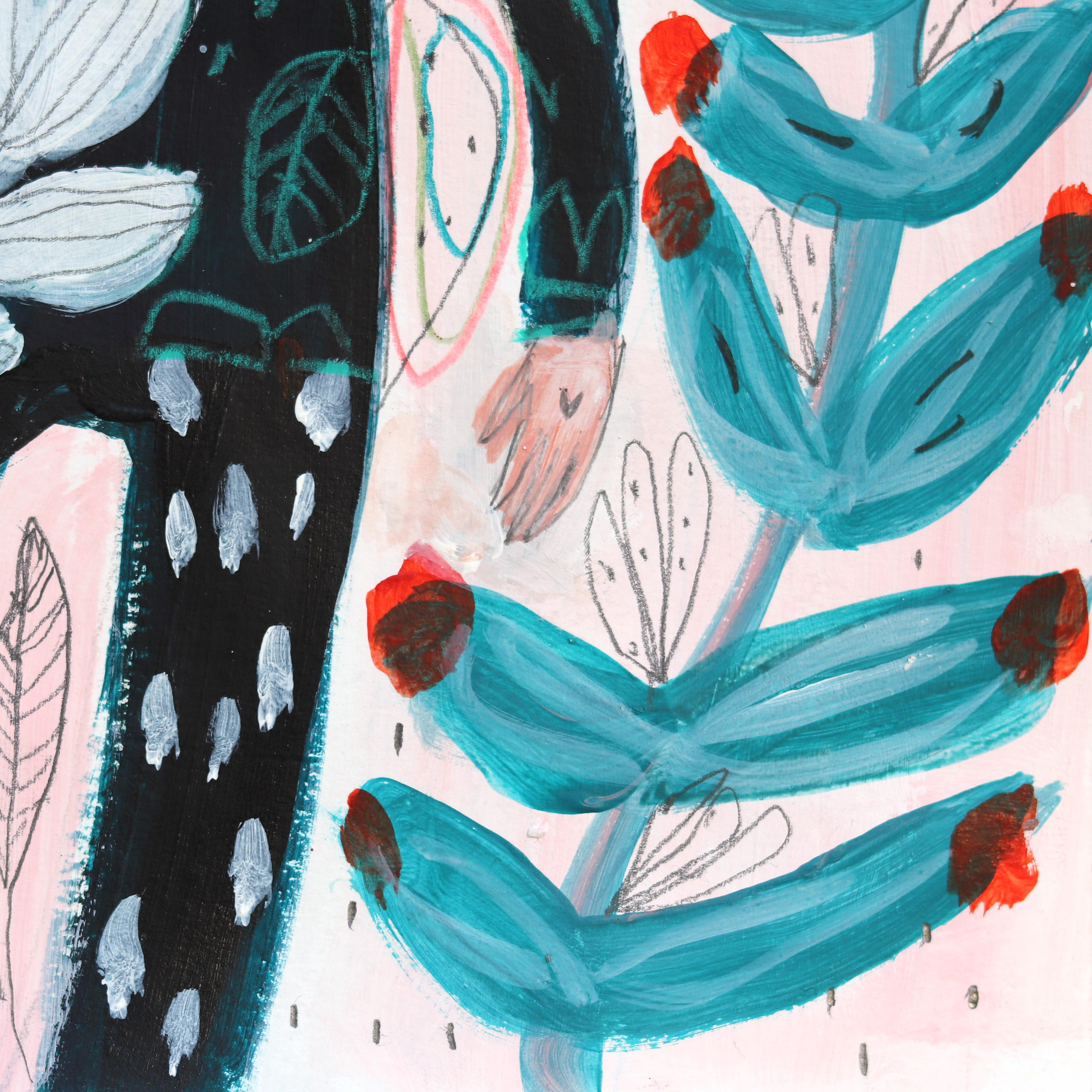 Blue Flowers and Colored Threads - Whimsical Fantasy Figurative Artwork on Paper For Sale 1