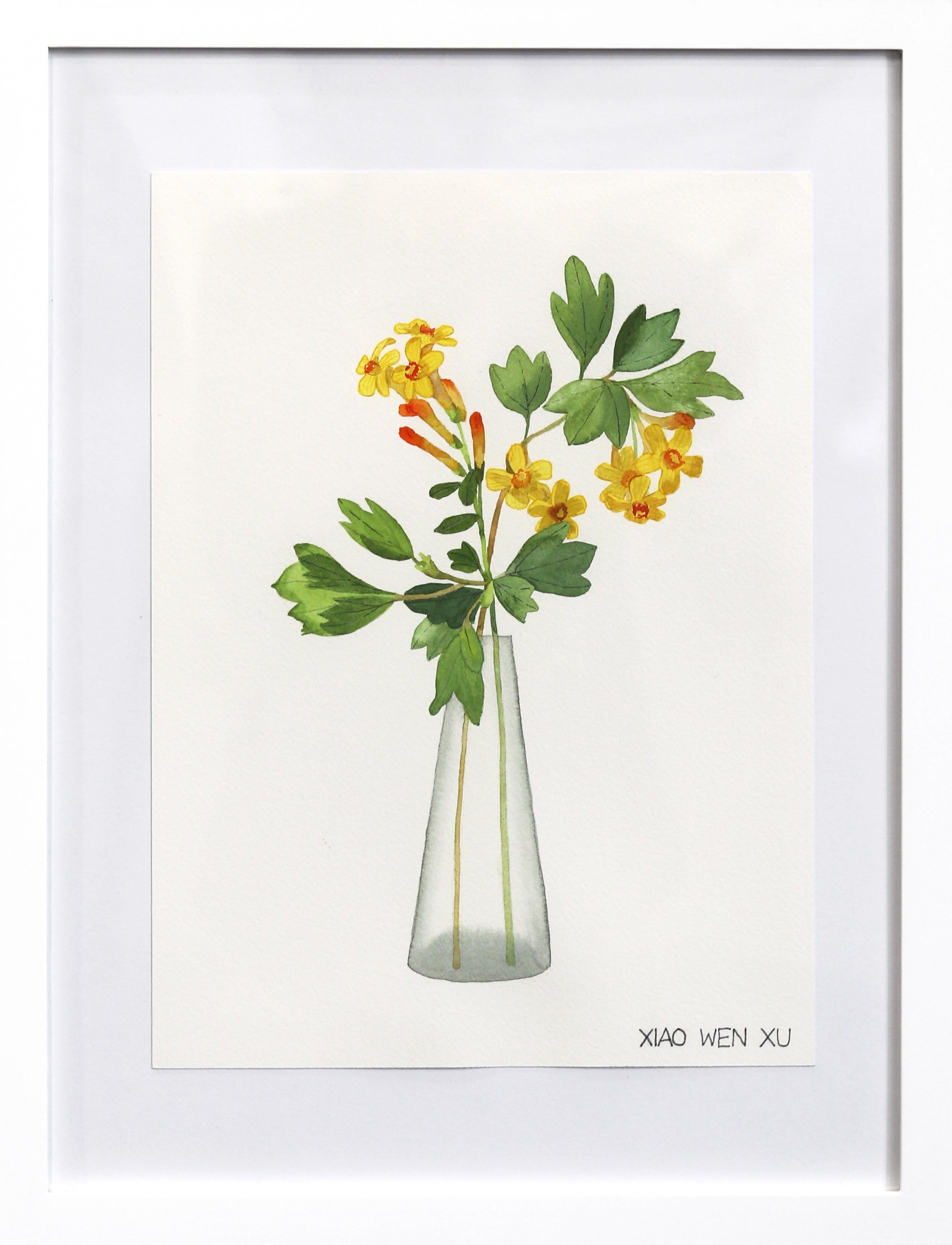 Golden Currant Bouquet in Vase - Elegant Floral Still Life Painting Framed