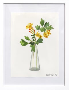 Golden Currant Bouquet in Vase - Elegant Floral Still Life Painting Framed