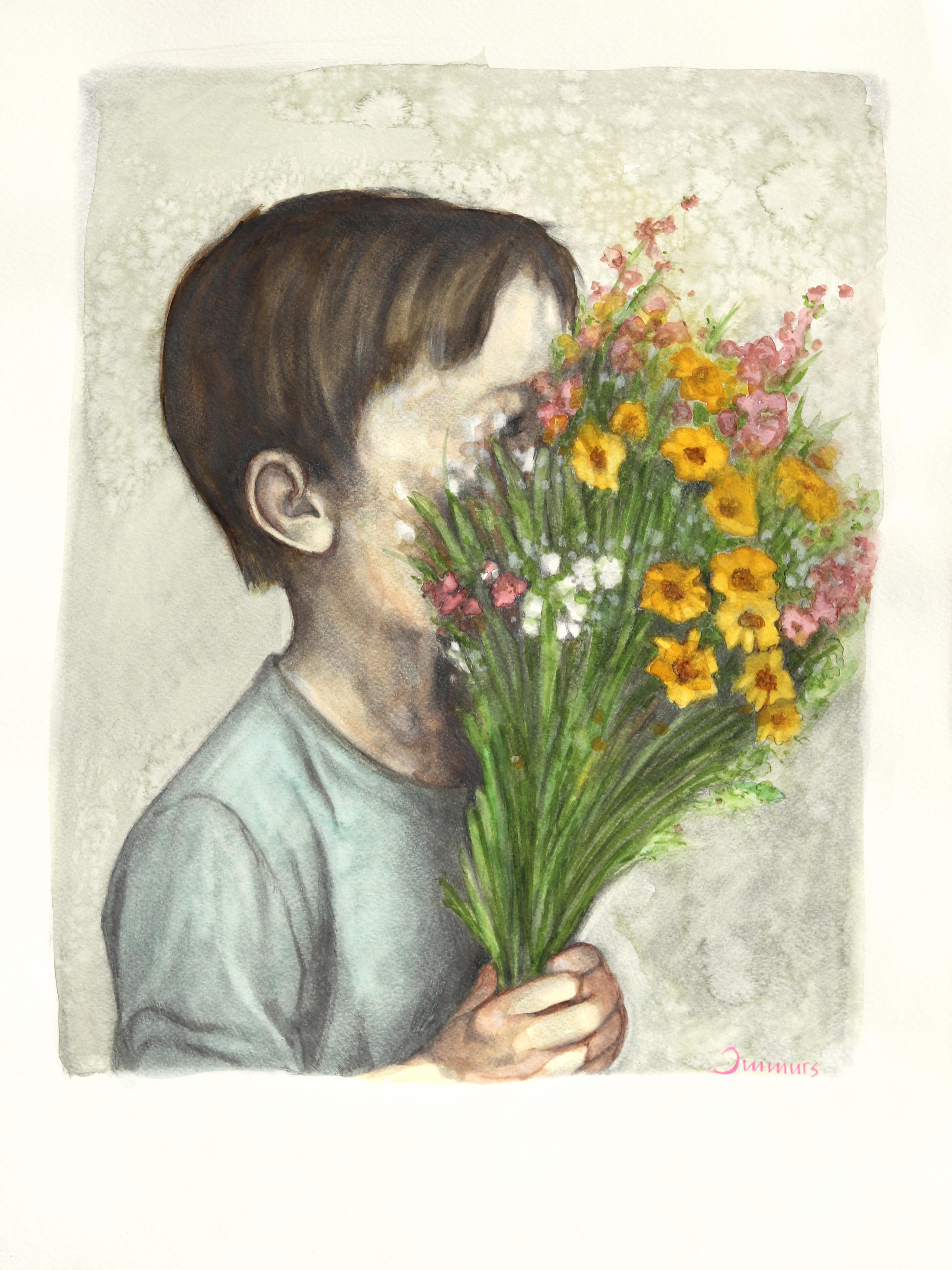 Amanda Immurs Figurative Art – The Whispers Had Changed - Figuratives Porträt-Aquarell-Graphit-Kunstwerk mit Graphit