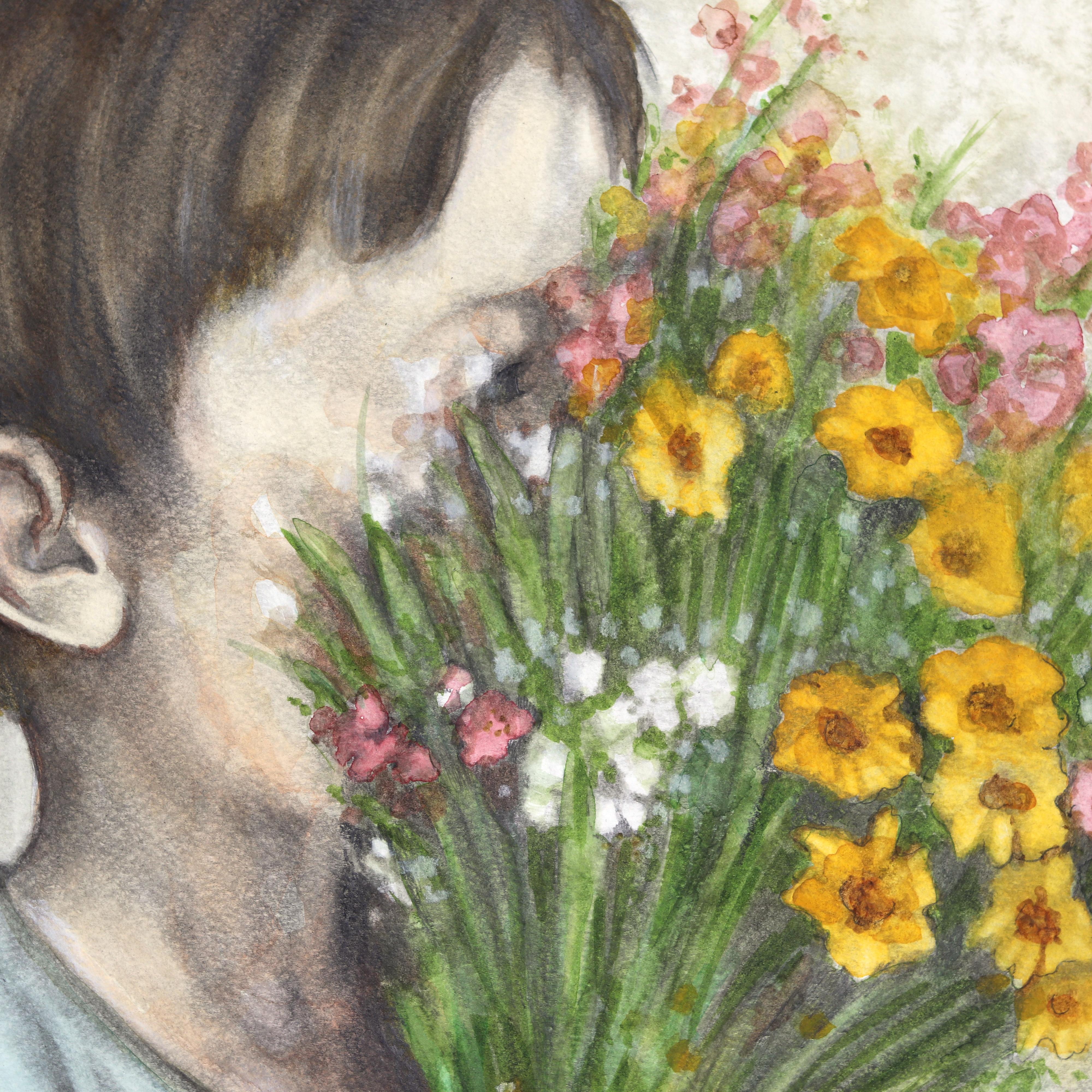 The Whispers Had Changed - Figuratives Porträt-Aquarell-Graphit-Kunstwerk mit Graphit (Beige), Figurative Art, von Amanda Immurs