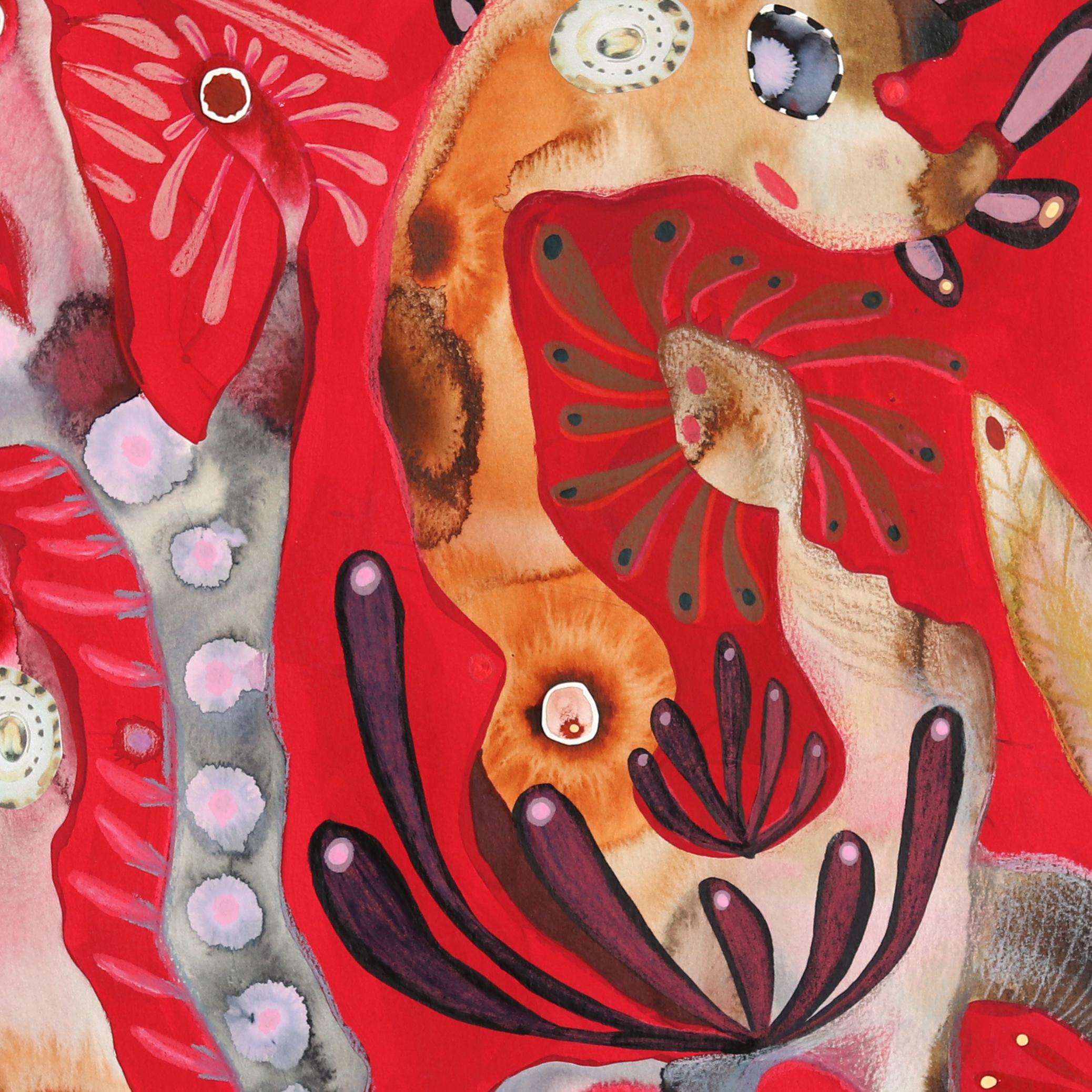 A Potted Succulent and a Rhizome - Original Vibrant Abstract Botanical Painting - Red Abstract Painting by Krisanne Souter