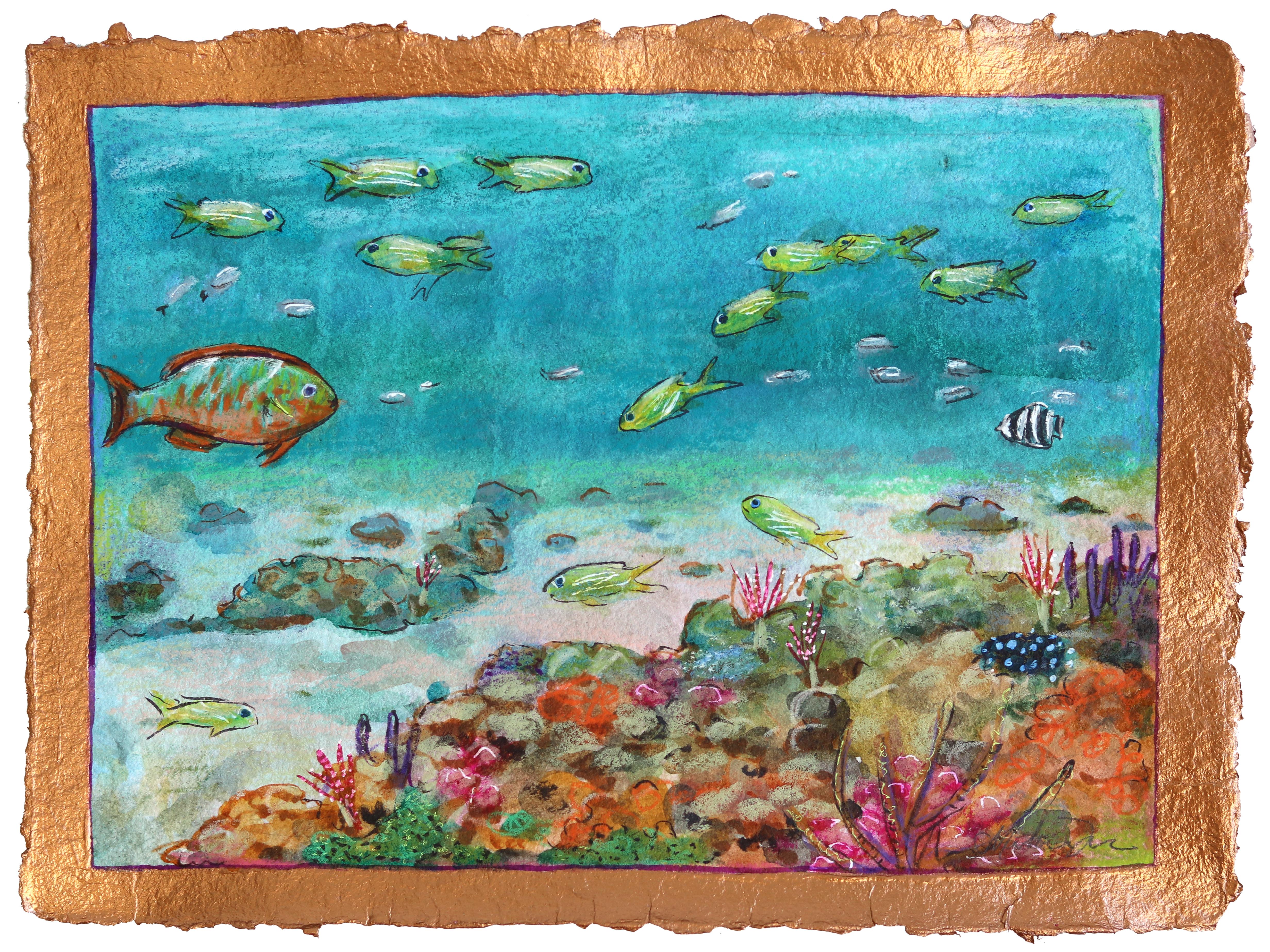 Magical Life Below - Paesaggio oceanico, natura morta di pesce su carta fatta a mano