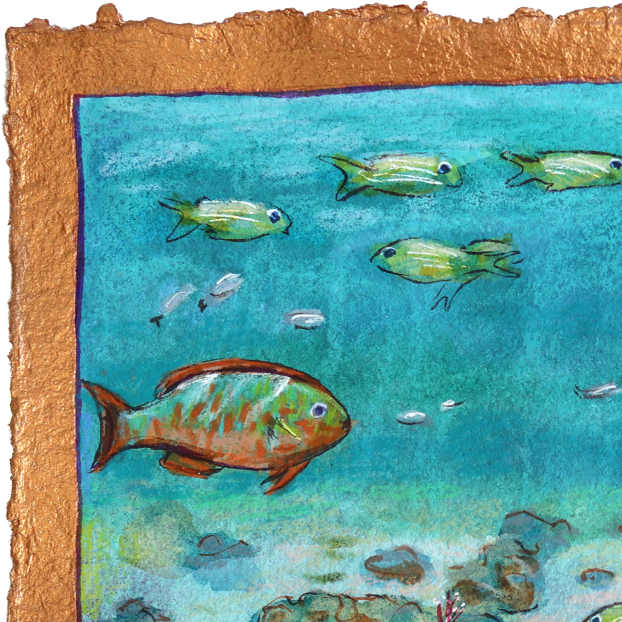 Magical Life Below - Océan Paysage Poisson Nature morte Peinture sur papier fait main - Art de Michaela Jean