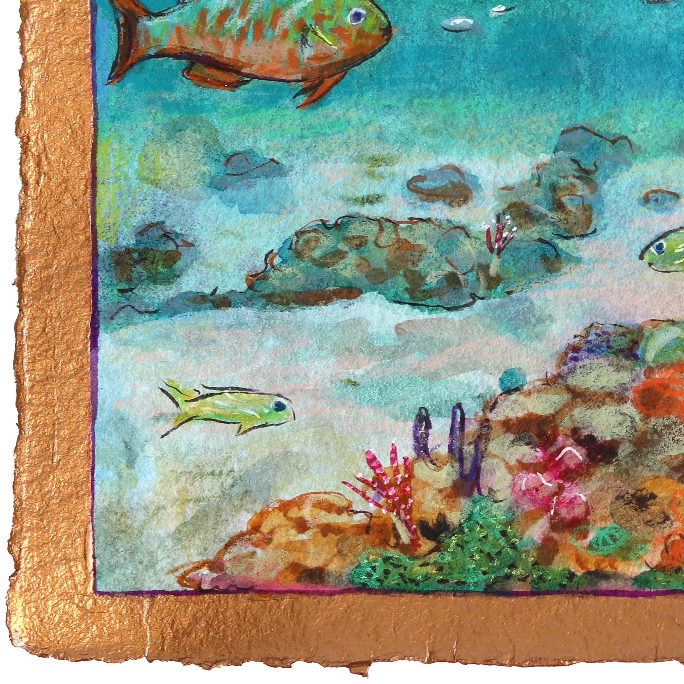 Magical Life Below - Océan Paysage Poisson Nature morte Peinture sur papier fait main - Marron Landscape Art par Michaela Jean