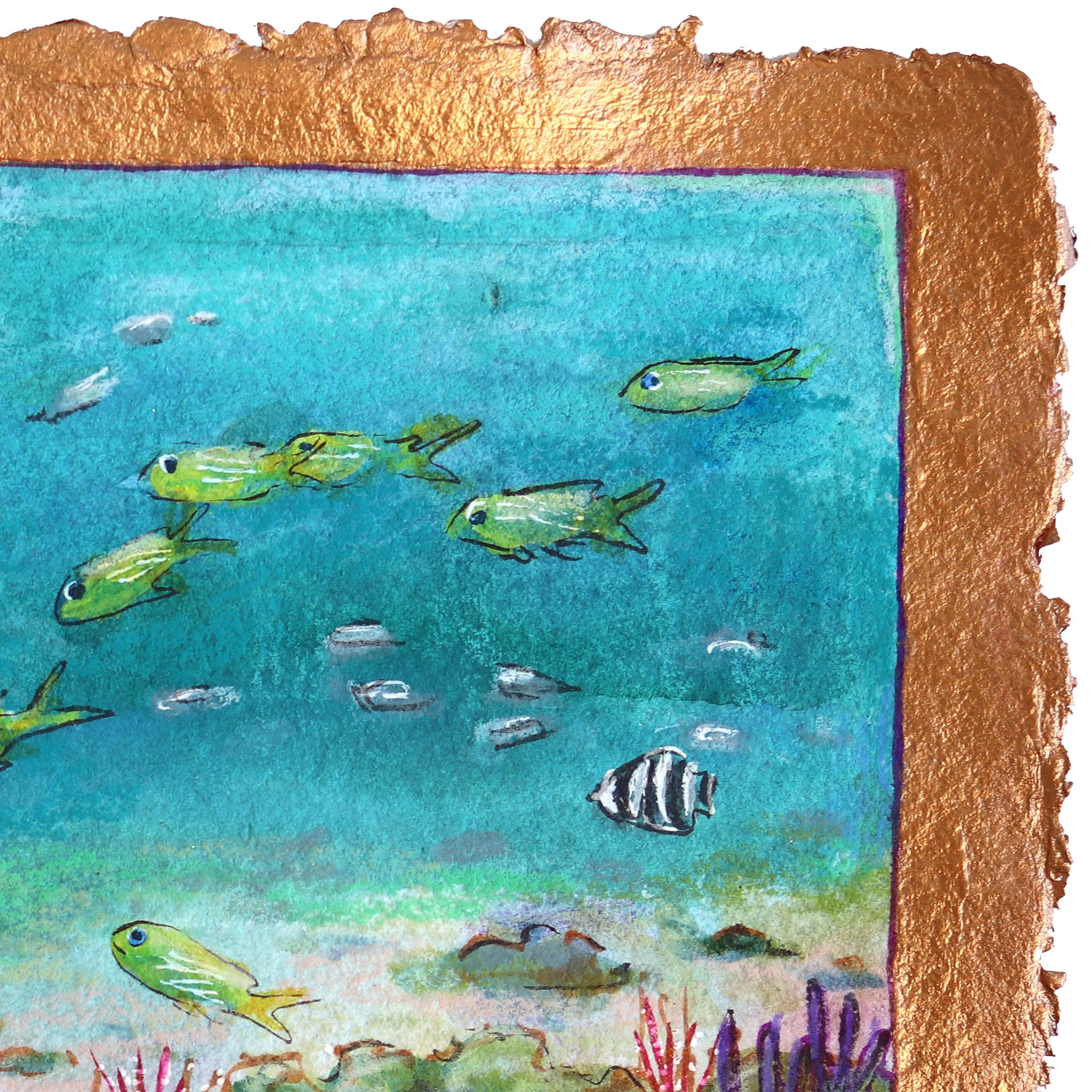 Magical Life Below - Océan Paysage Poisson Nature morte Peinture sur papier fait main - Impressionnisme Art par Michaela Jean