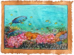 Donde va una sirena... - Paisaje marino vibrante Pintura de bodegón sobre papel hecho a mano