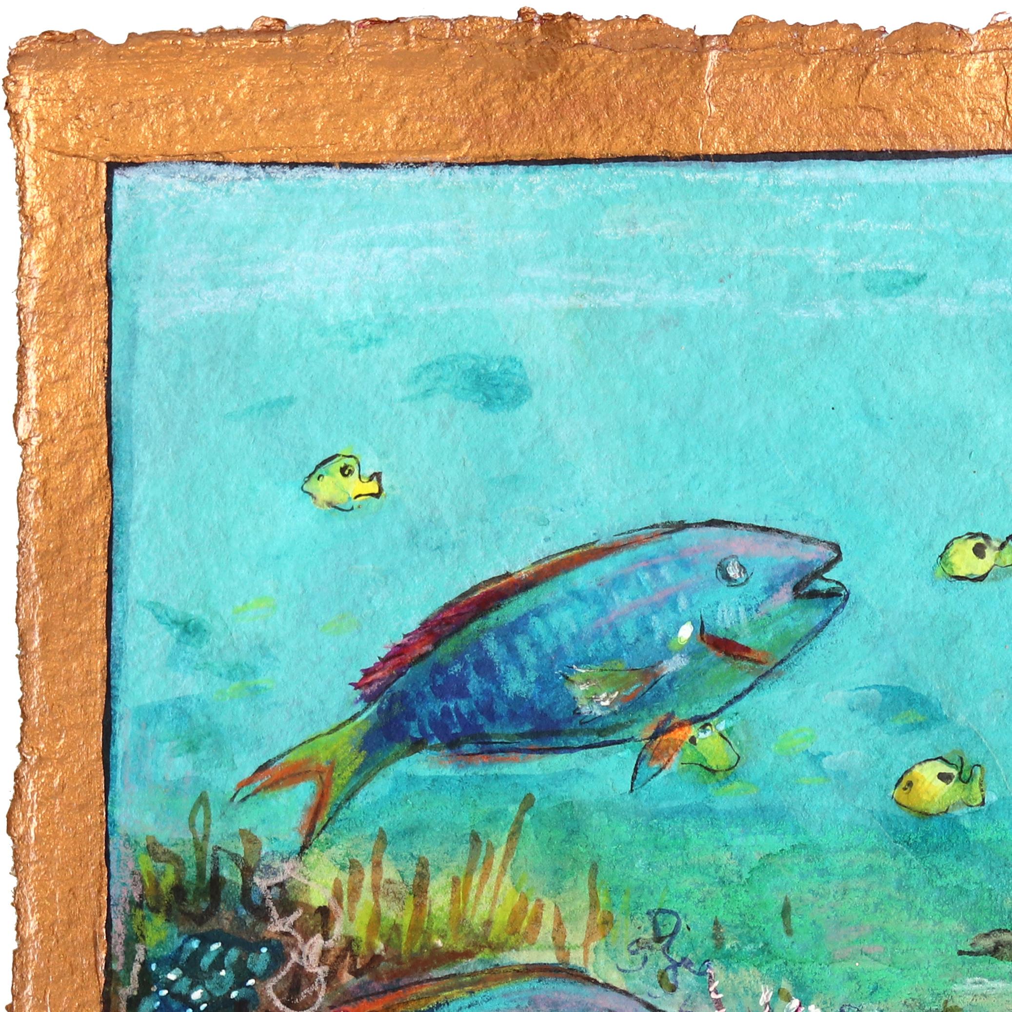 Where a Mermaid Goes... - Vibrant Seascape Still Life Painting on Handmade Paper - Art by Michaela Jean