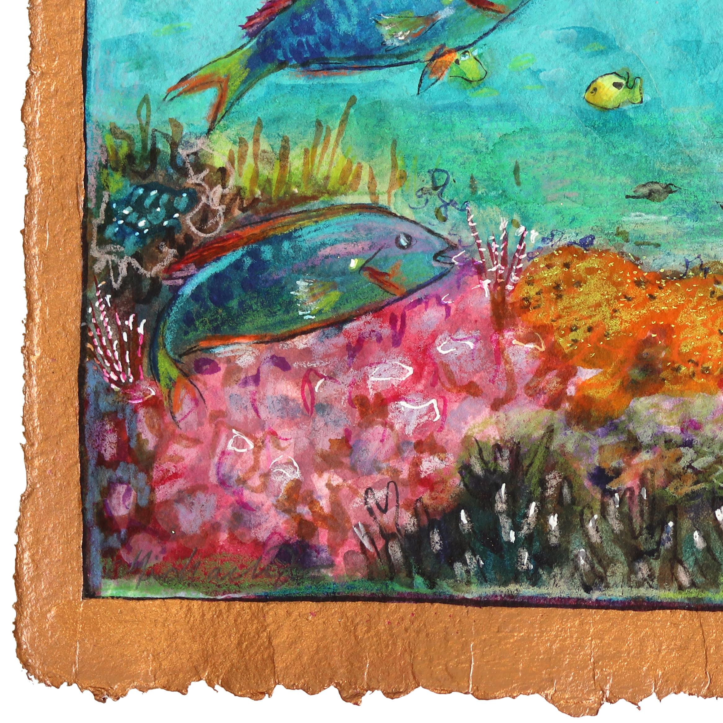 Where a Mermaid Goes... - Vibrant Seascape Still Life Painting on Handmade Paper - Blue Landscape Art by Michaela Jean
