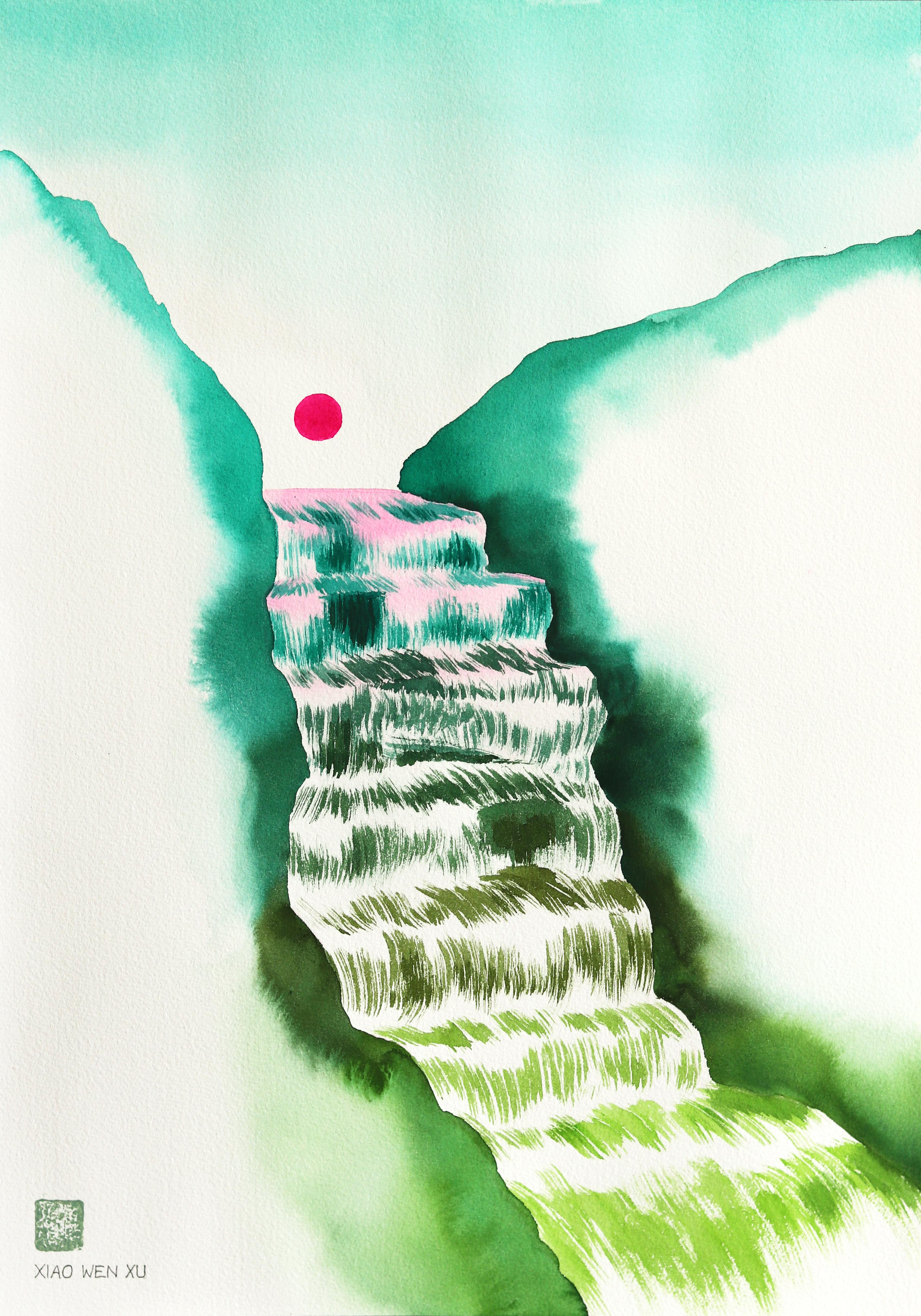 Rainbowlands Falls II - Nature morte abstraite colorée et rêveuse Peinture à l'aquarelle