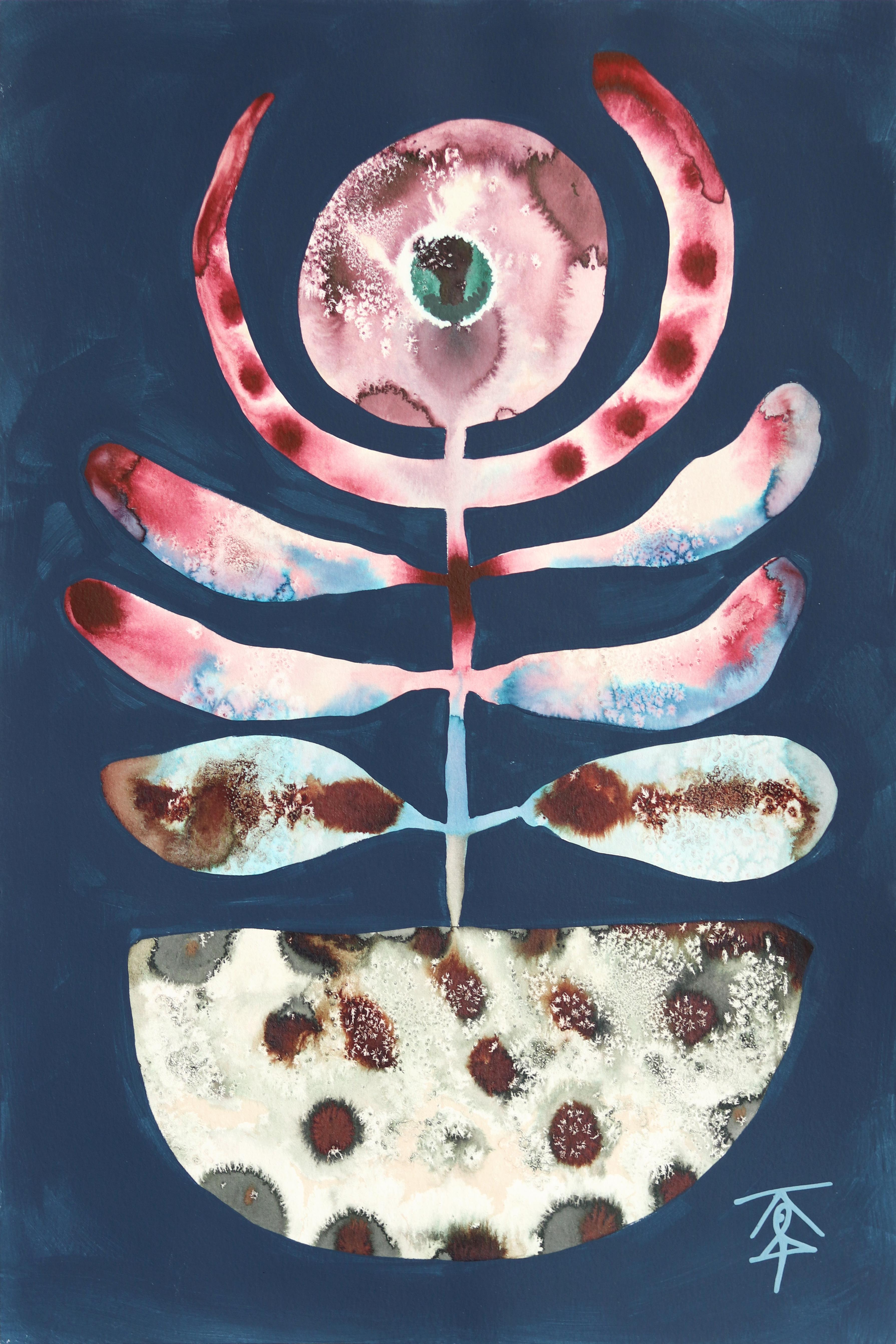 Fiore in ciotola - Pittura astratta su carta a tecnica mista botanica dai toni freddi