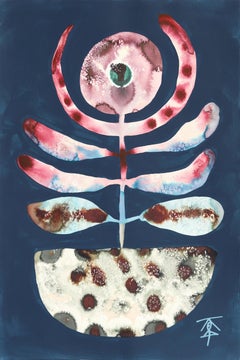 Fiore in ciotola - Pittura astratta su carta a tecnica mista botanica dai toni freddi