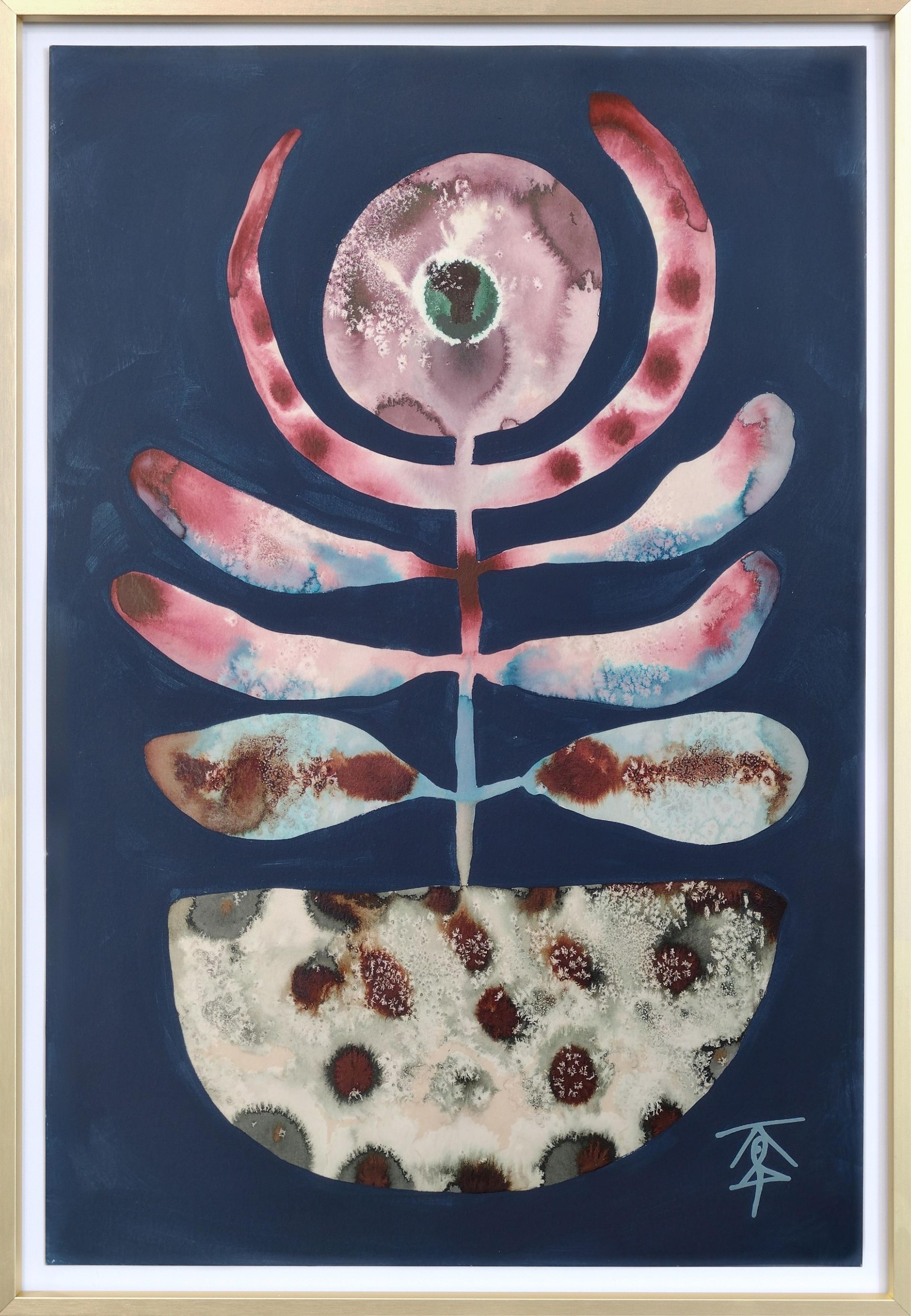 Fiore in ciotola - Pittura astratta su carta a tecnica mista botanica dai toni freddi