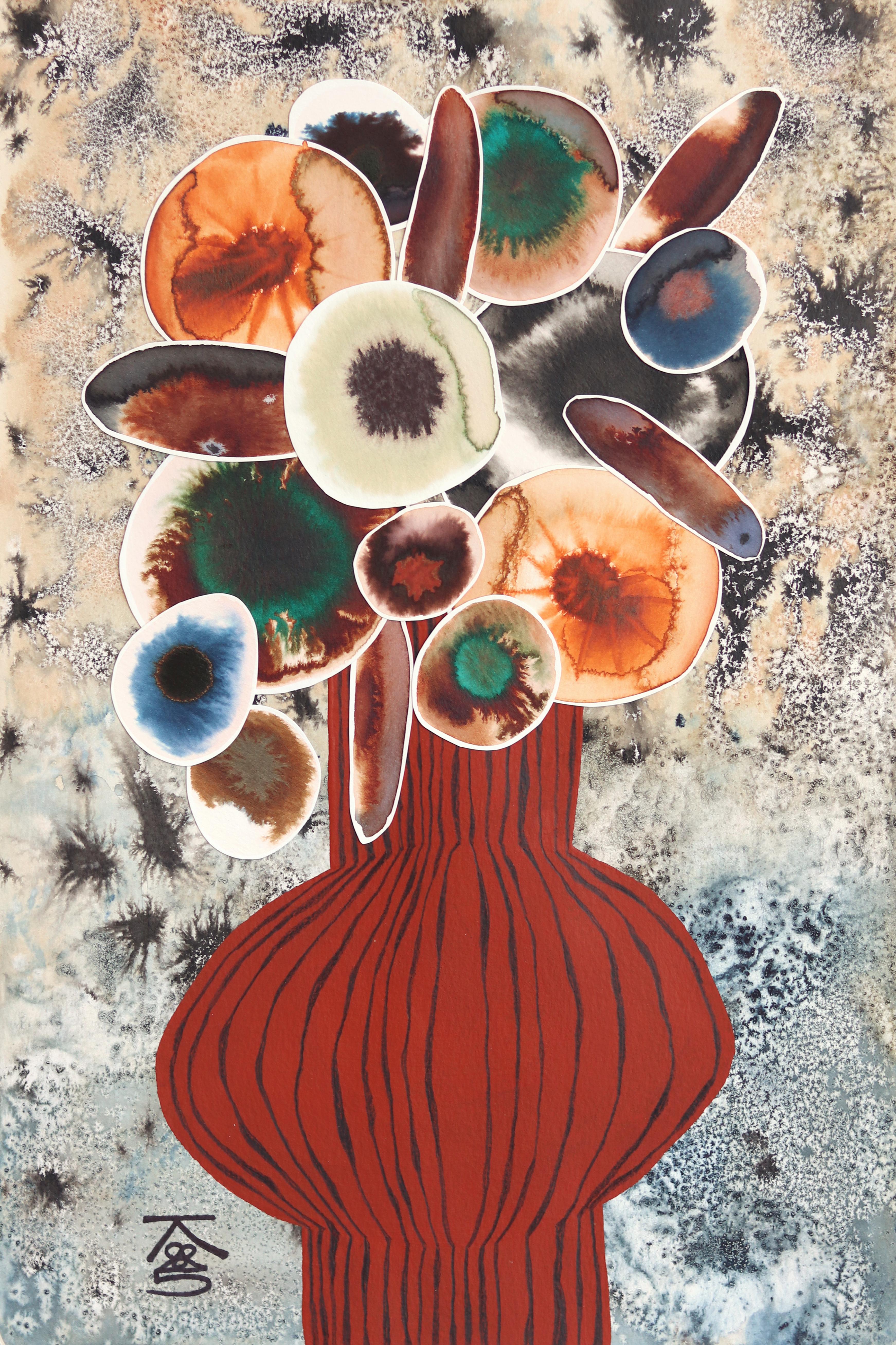 Abstract Drawing di Krisanne Souter - Fiori in un vaso a strisce marroni - Pittura a tecnica mista botanica astratta su carta