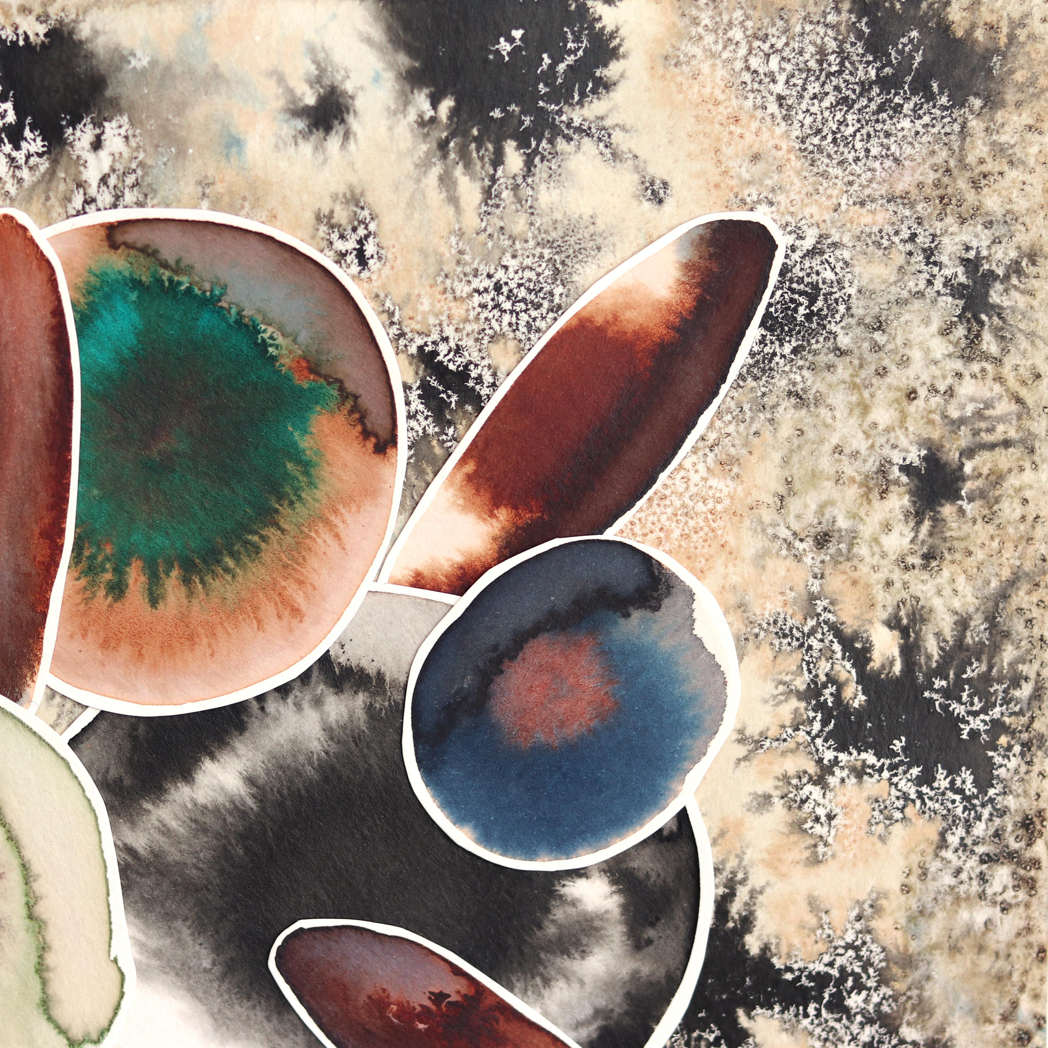 Fiori in un vaso a strisce marroni - Pittura a tecnica mista botanica astratta su carta - Art Astratto di Krisanne Souter