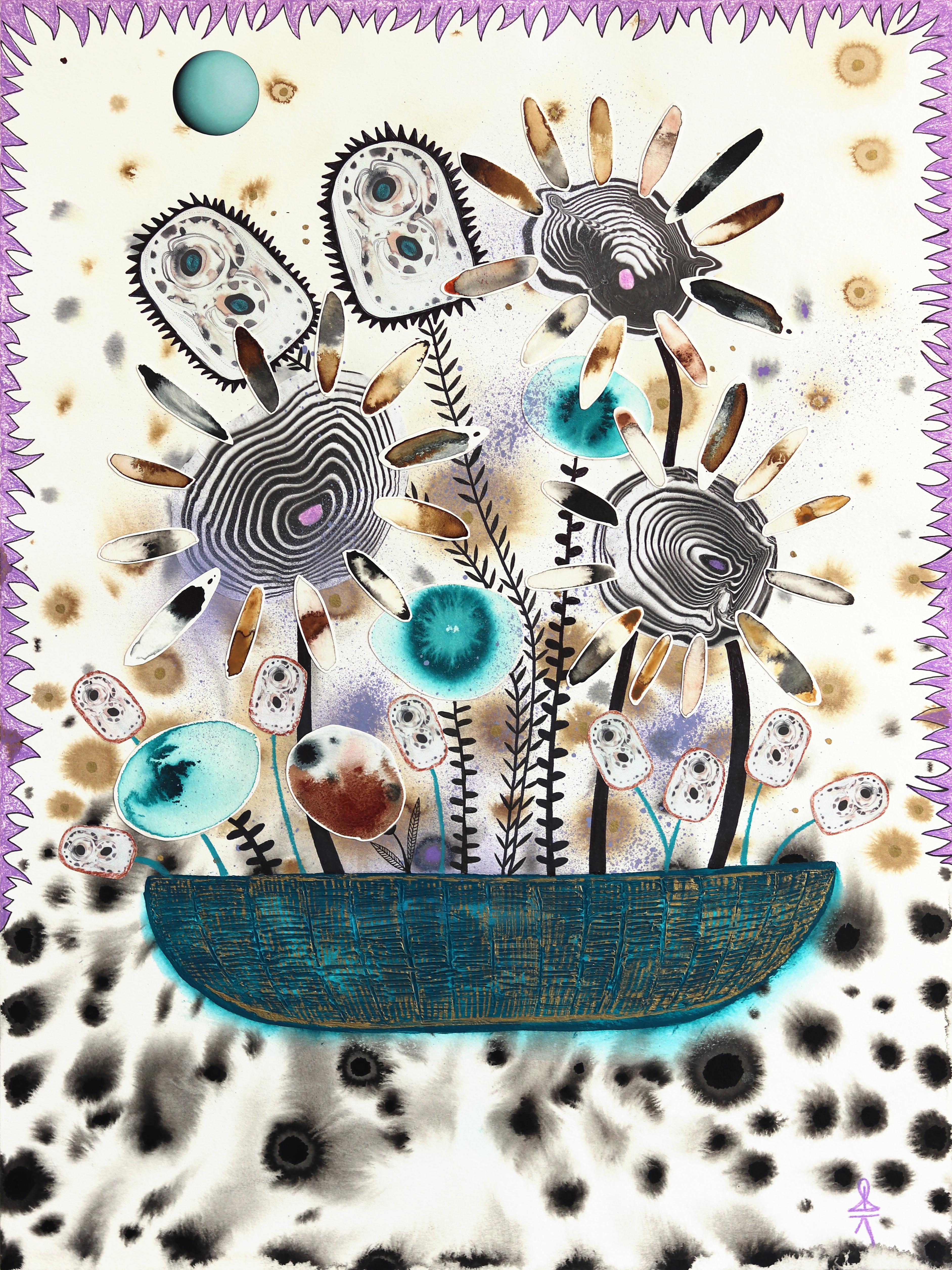Arreglo floral Neptuno - Pintura abstracta botánica en técnica mixta sobre papel