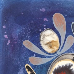 Flower Arrangement in Carved Wooden Bowl - Abstract Botanical Painting on Paper