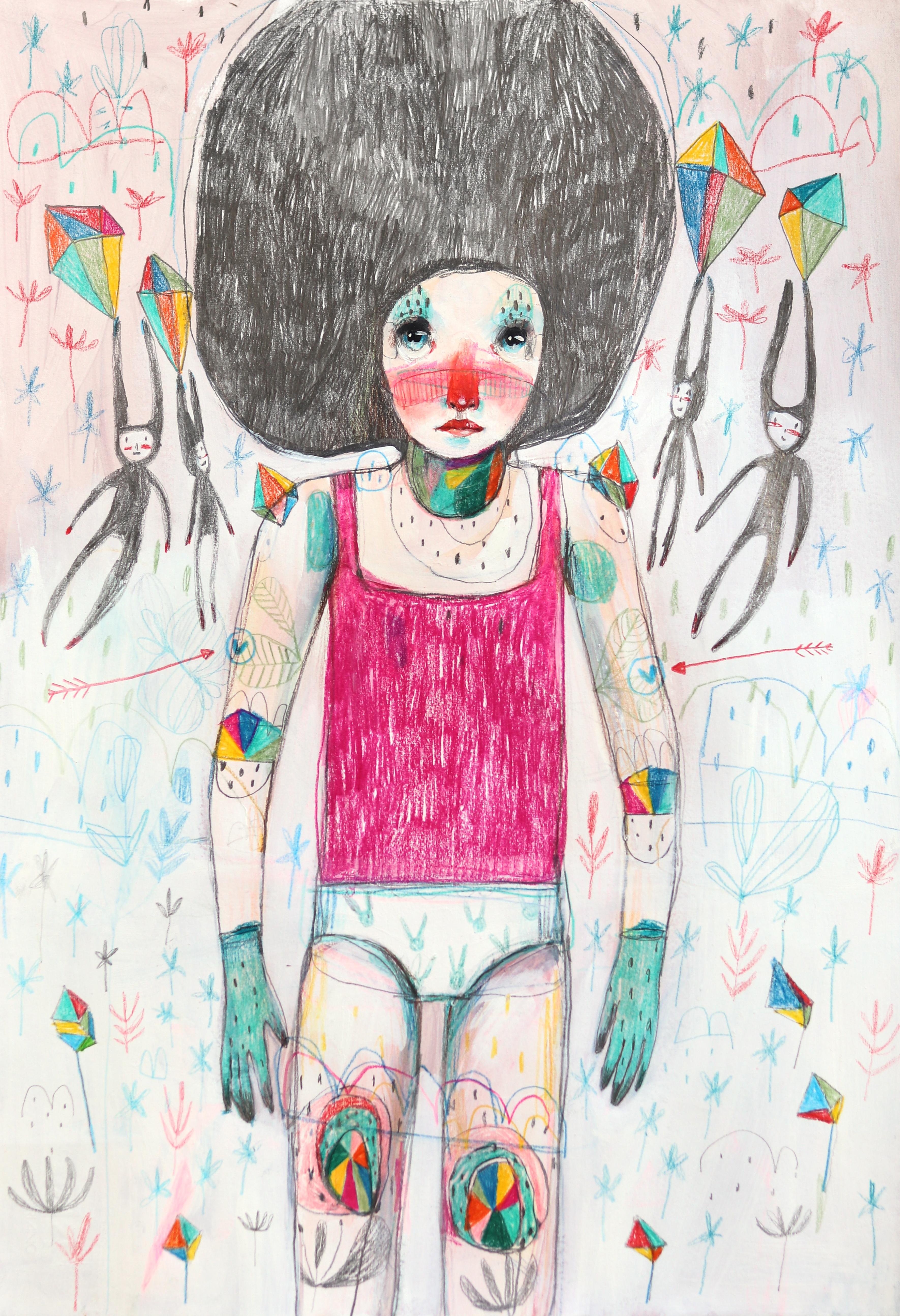 Silvia Pavarini Figurative Painting - Flowers Colored Crystals and Awareness - Whimsical Figurative Artwork on Paper