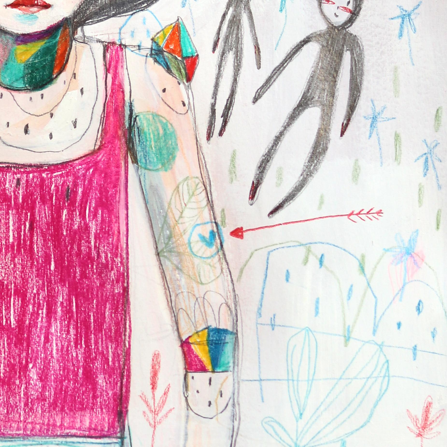 Flowers Colored Crystals and Awareness - Whimsical Figurative Artwork on Paper For Sale 1