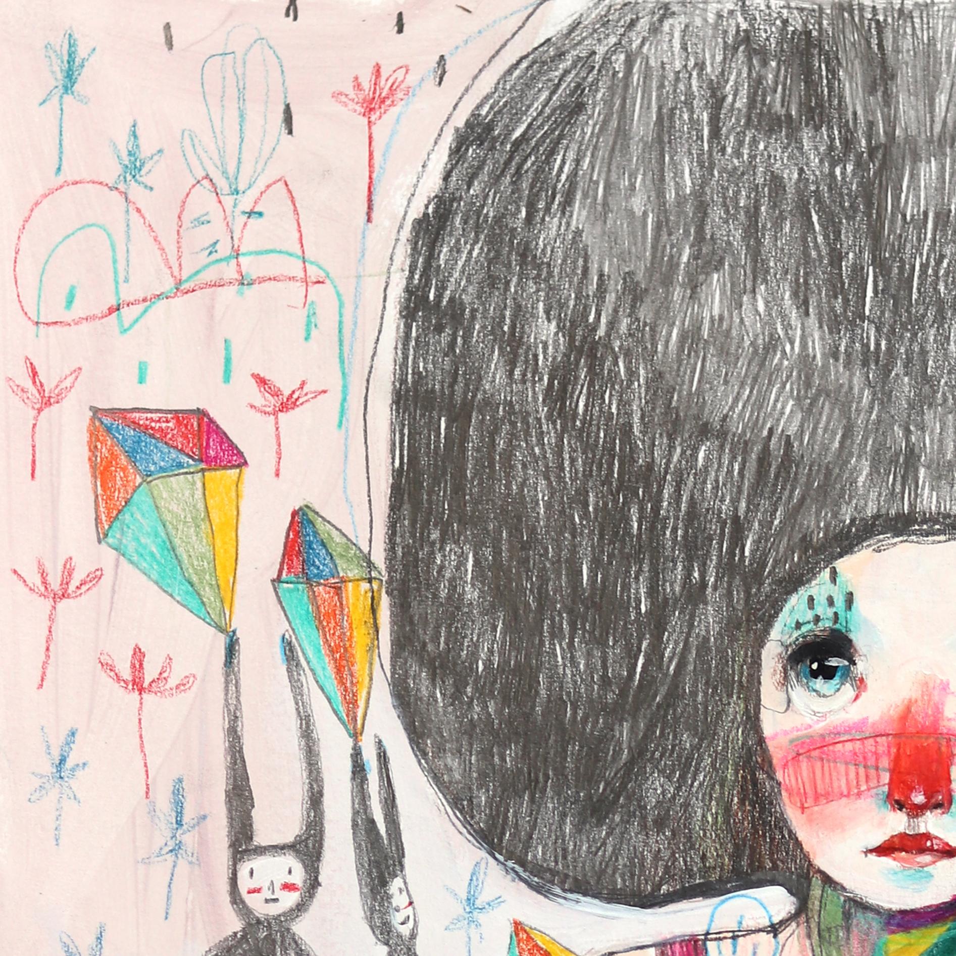 Flowers Colored Crystals and Awareness - Whimsical Figurative Artwork on Paper - Painting by Silvia Pavarini