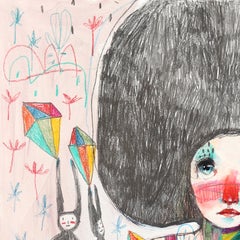 Fleurs, cristaux de couleur et conscience - Œuvre d'art figurative fantaisiste sur papier