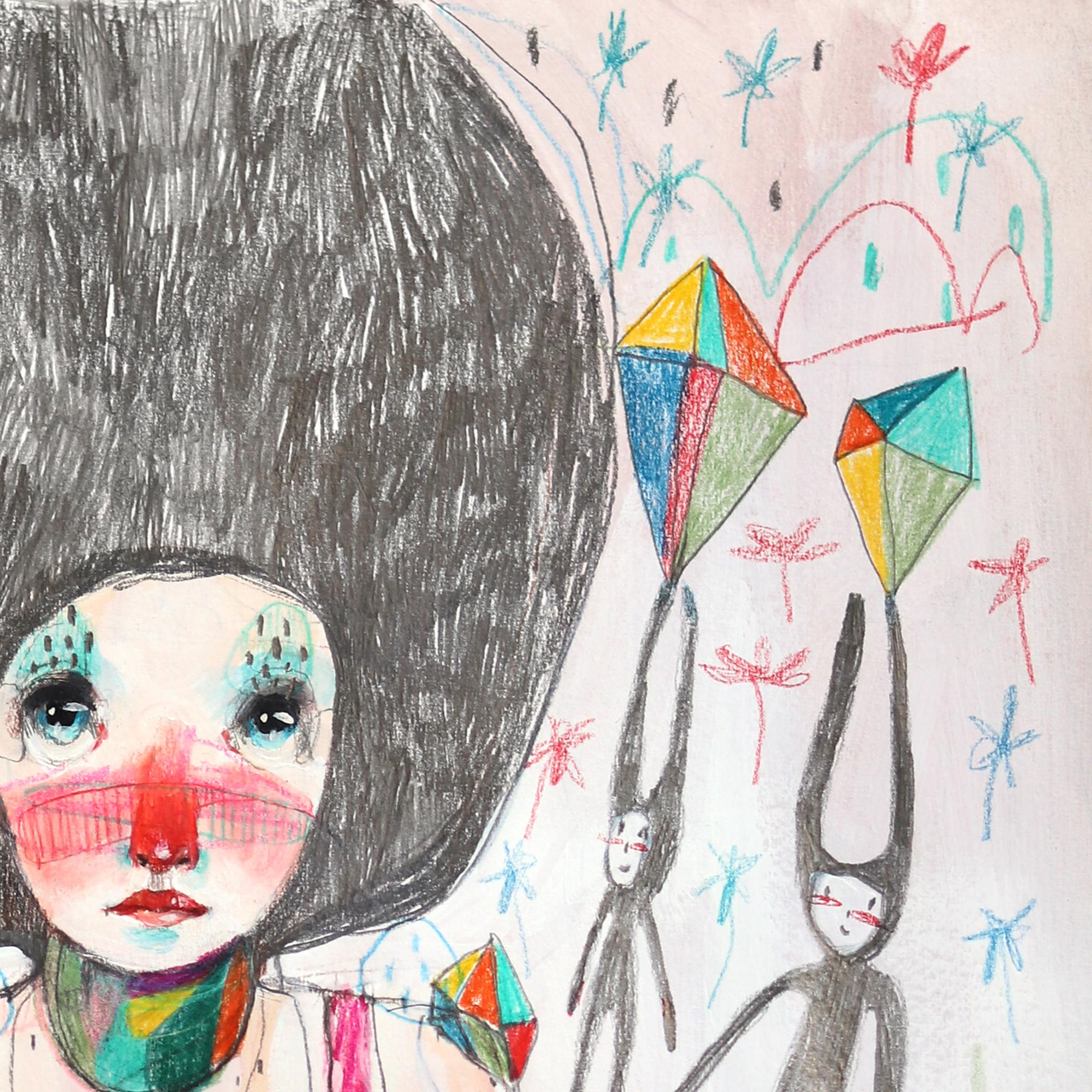 Flowers Colored Crystals and Awareness - Whimsical Figurative Artwork on Paper - Surrealist Painting by Silvia Pavarini