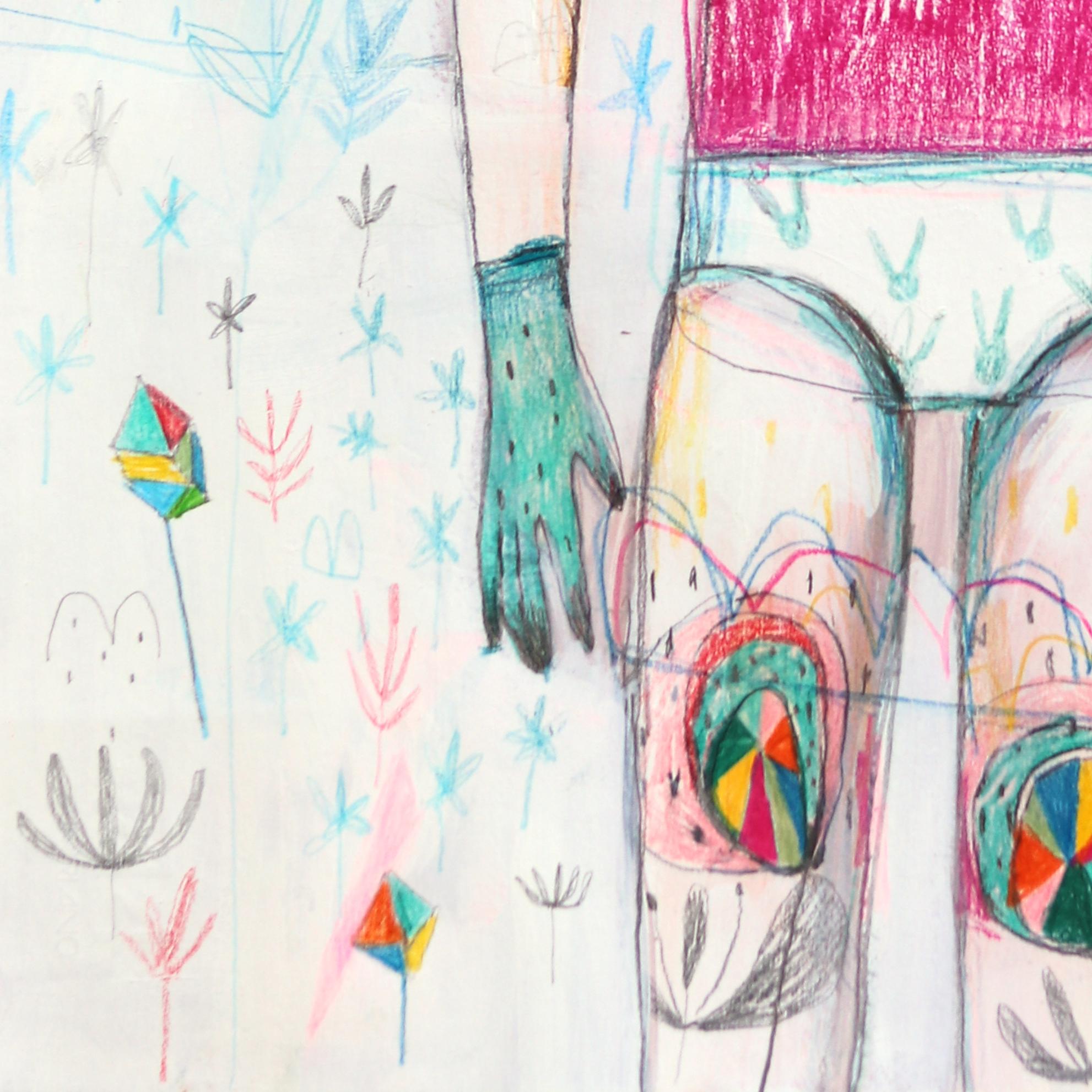 Flowers Colored Crystals and Awareness - Whimsical Figurative Artwork on Paper For Sale 2