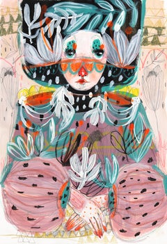 Popesse des fleurs - Œuvre d'art figurative féminine colorée et fantaisiste sur papier